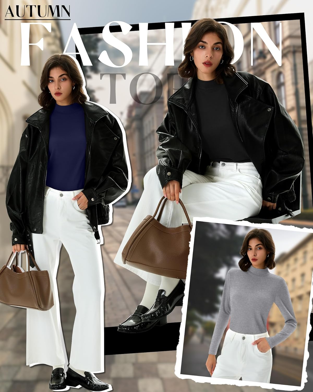 5 Pack Women's Cotton Mock Turtleneck Long Sleeve T-Shirts, Basic Tops Slim Fitted Stretch Underwear Layer Tee - Image 6