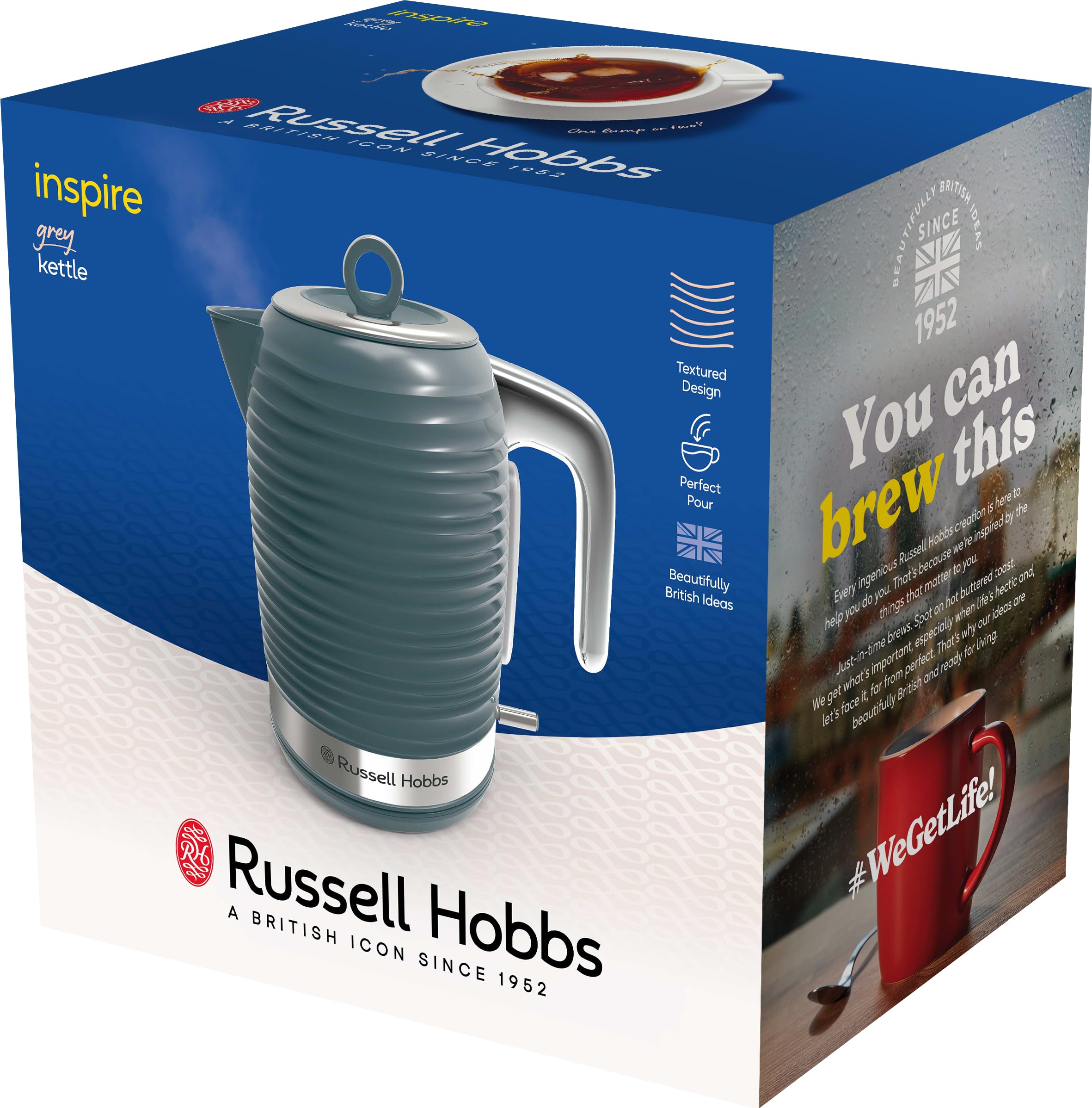 Russell Hobbs Bollitore Elettrico Inspire 1,7 L 2400 W, Filtro Anticalcare Rimovibile e Lavabile, Spegnimento Automatico, Risparmio Energetico, Base Girevole 360°, Grigio – 24363-70