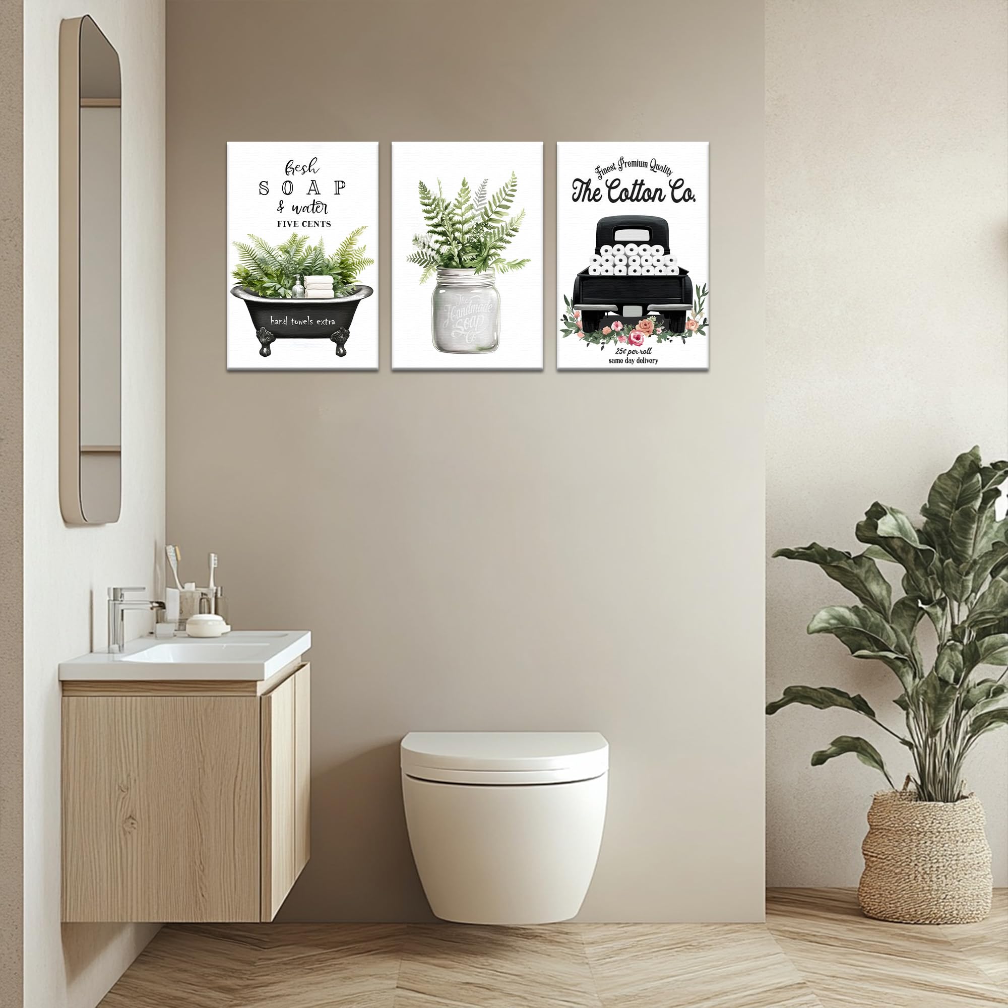 3 stampe artistiche da parete per bagno rustico, stampa su tela per camera di campagna, decorazione da parete rustica botanica vasca da bagno per bagno senza cornice, 30,5 x 40,6 cm