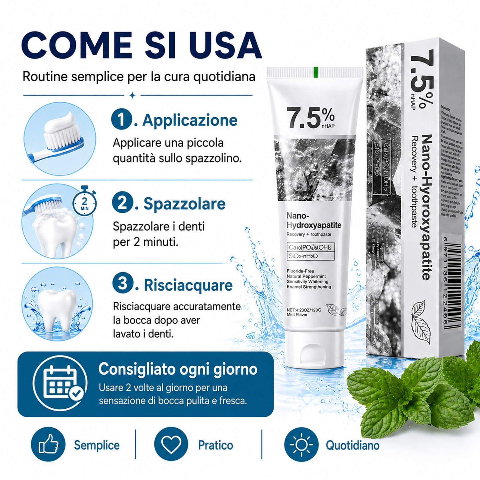 Holydeer Dentifricio Originale con 7,5% Nano-Idrossiapatite (3) | Formula senza fluoro al gusto di menta per una pulizia delicata e una piacevole freschezza quotidiana