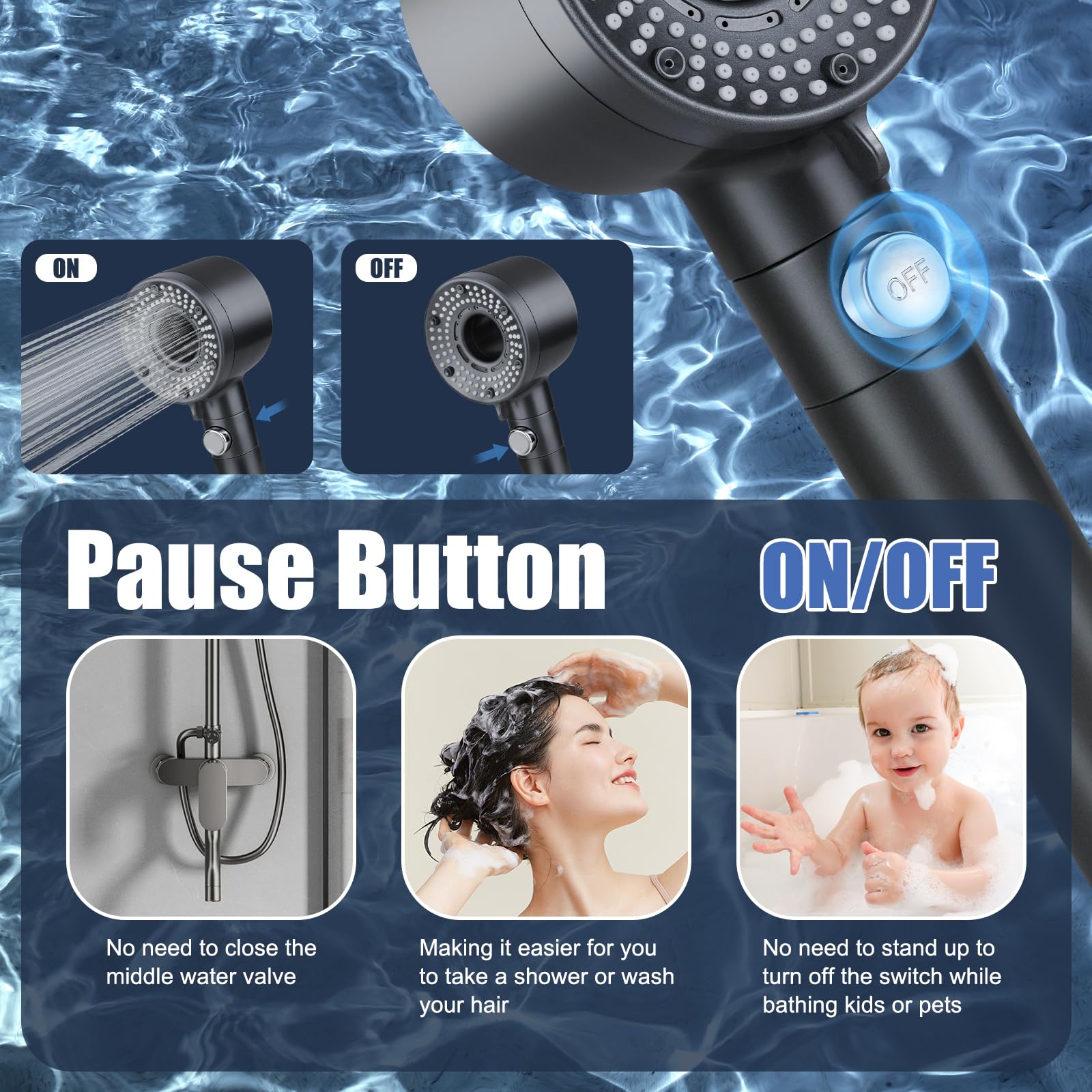 Pommeau de Douche avec Filtre, Pommeau Douche Haute Pression Economie Deau, Anti Calcaire Douchette Salle de Bain avec Tuyau 2M, Shower Head avec 5 Modes de Jet pour l'eau Dure