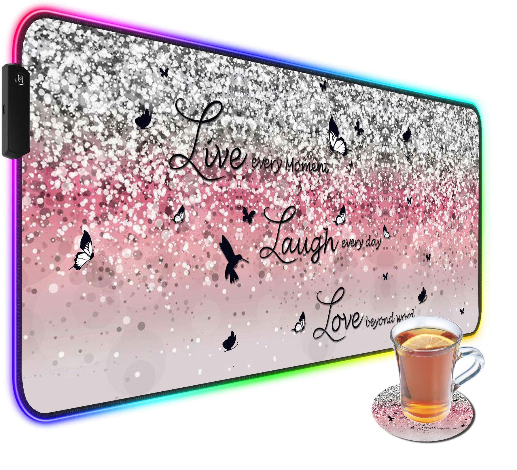 BOSLIVE Customized RGB Gaming Mouse Pad and Coffee Coaster,Large Glowing Led Anti-Slip Rubber Base Computer Keyboard Desk Mouse Mat 31.4x11.8 Inch,Pink Glittering Live Laugh Love