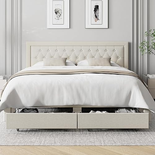 Keyluv Base de cama Queen con 2 cajones de almacenamiento y cabecera ajustable, plataforma de tela de alta gama con botones acolchonados, listones