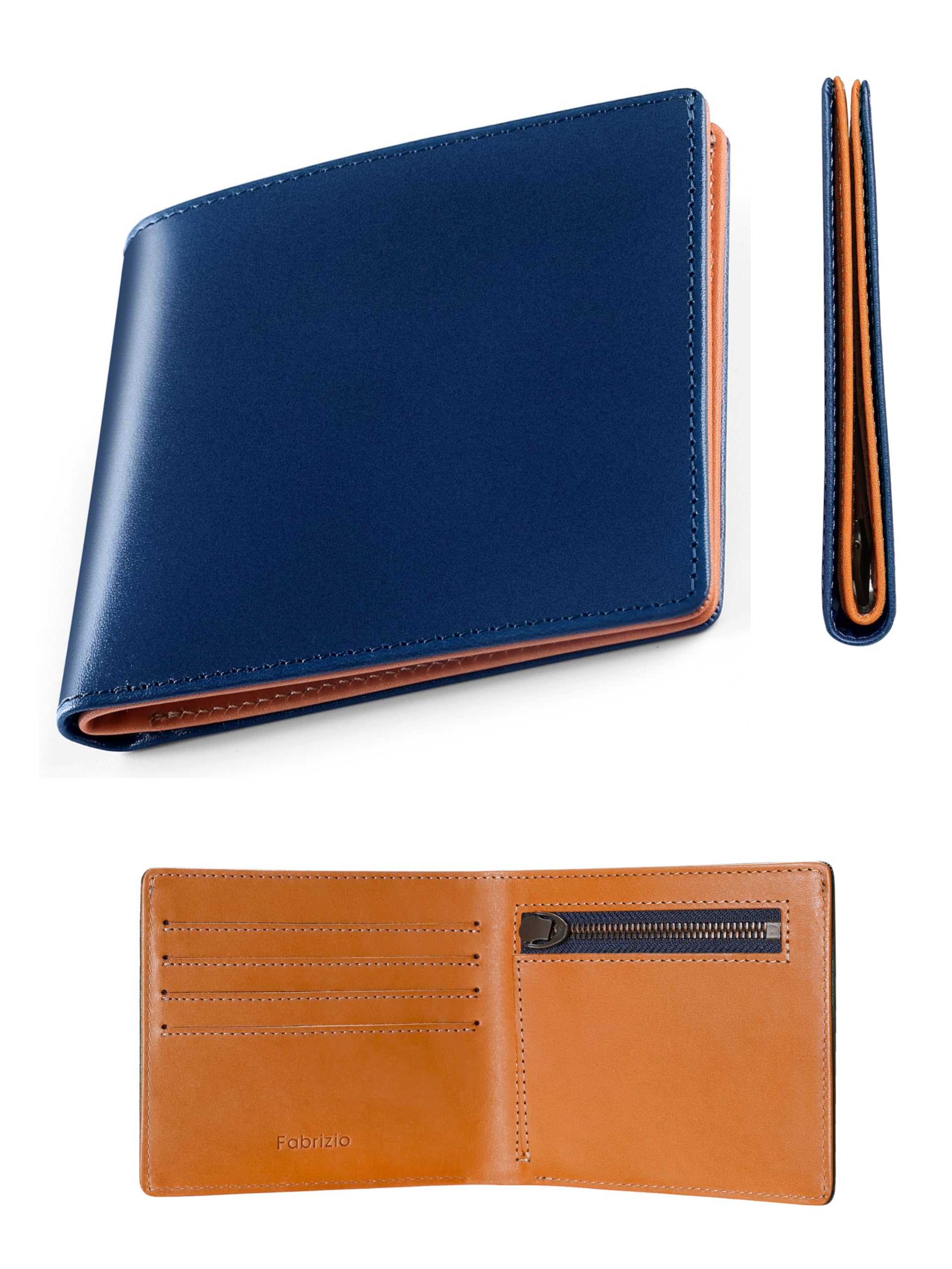 Fabrizio Ultra Thin Wallet, Men's, Women's, Bifold Thin Coin Purse, Easy to Use, Italian Leather, Made by Top Leather Craftsmen, Genuine Leather, YKK Zippers, blue : Clothing, Shoes & Jewelry
