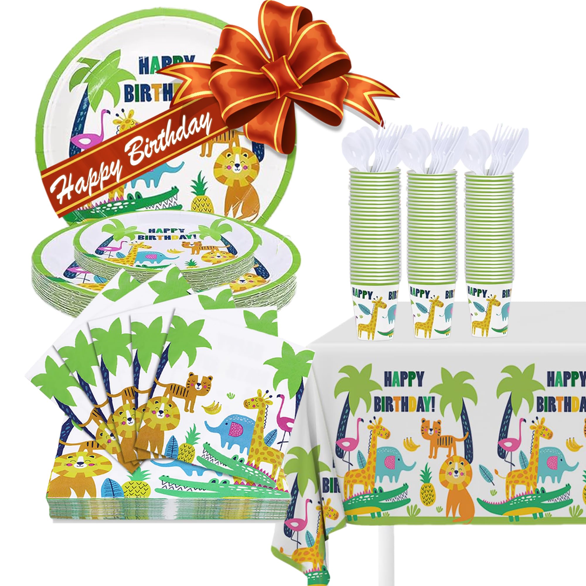 Jubi 211 PCS Jungle Happy Birthday Paper Dinnerware Set for 30 - Safari Plates, Animal Print Cups, Jungle Party Napkins - Ideal for Animal Theme