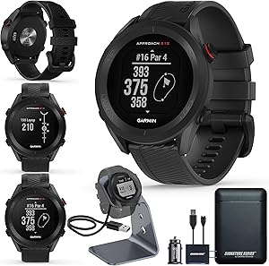 Garmin Approach S12 GPS Golf Smartwatch with Accessories - Ultimate Golfing Companion Garmin Approach S12 GPS golf smartwatch with accessories including charging cable, watch stand, power bank, and car charging adapter shown on a sleek display