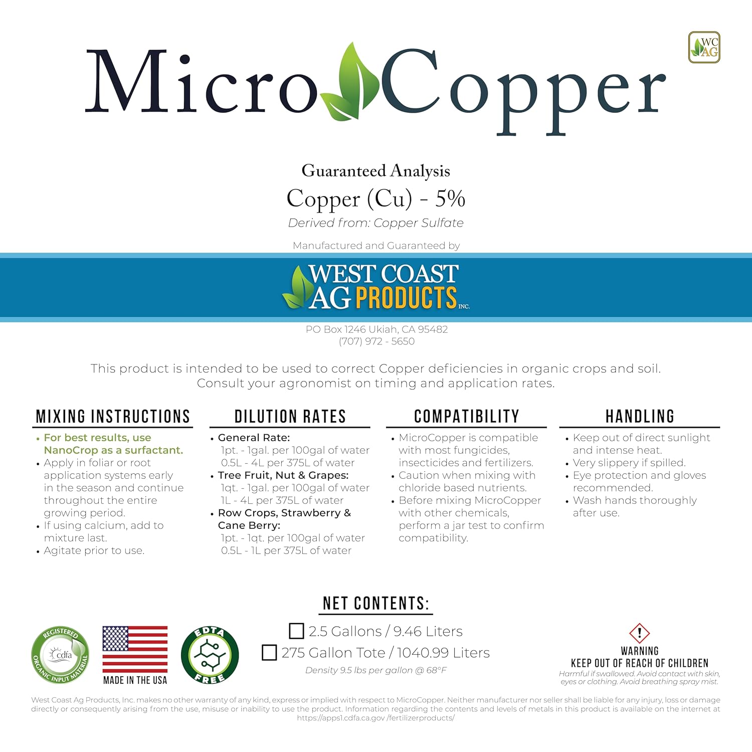 MicroCopper EDTA-Free Liquid Copper Crop Nutrient, 5% Copper Sulfate, (2.5 Gallons)