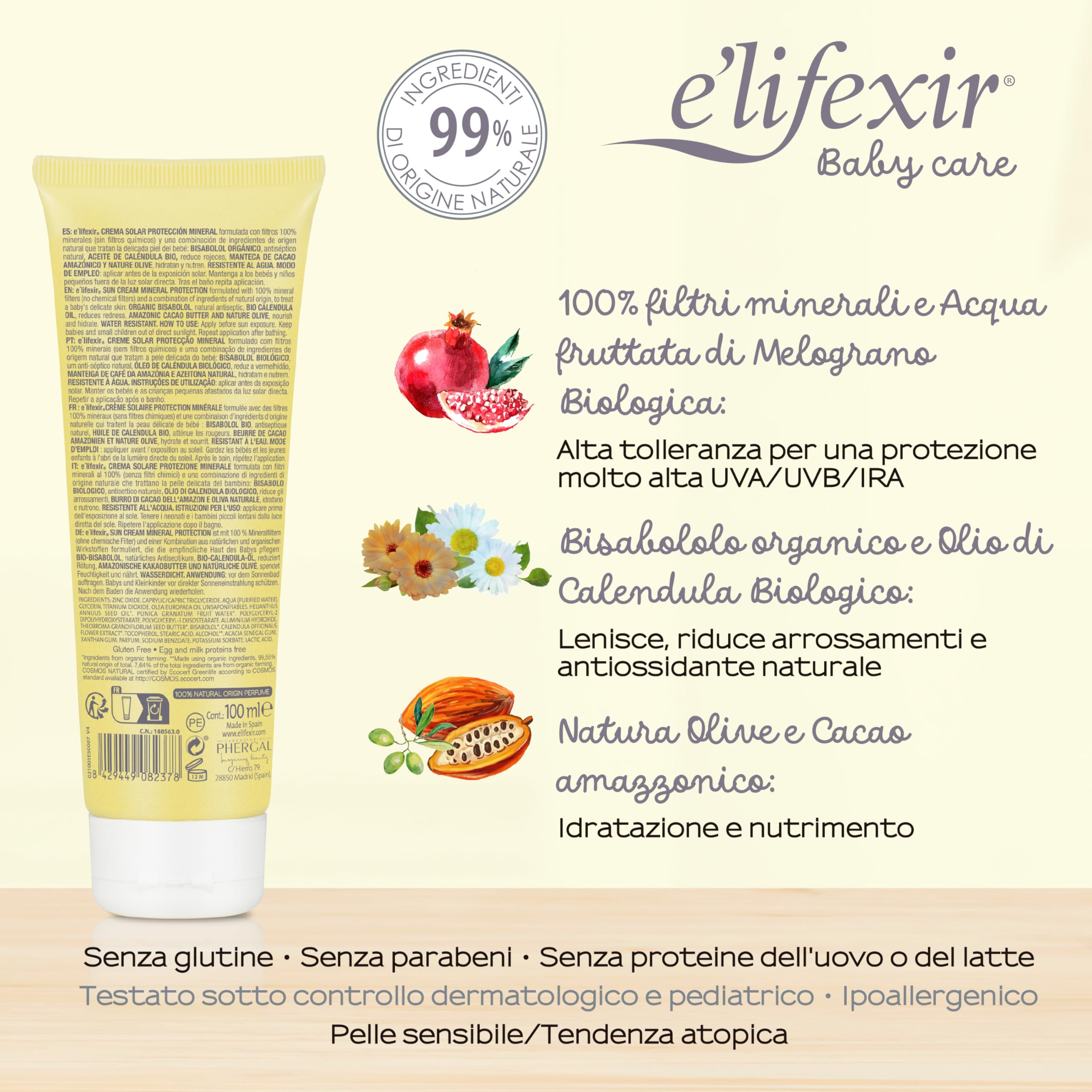 Elifexir Baby Care - Crema Solare Minerale Bambini e Neonati | Protettore Solare UVA/UVB/IR-A SPF 50+ | Filtri 100% Minerali | 99% Ingredienti Naturali | Resistente all'Acqua | Viso e Corpo | 100 ml