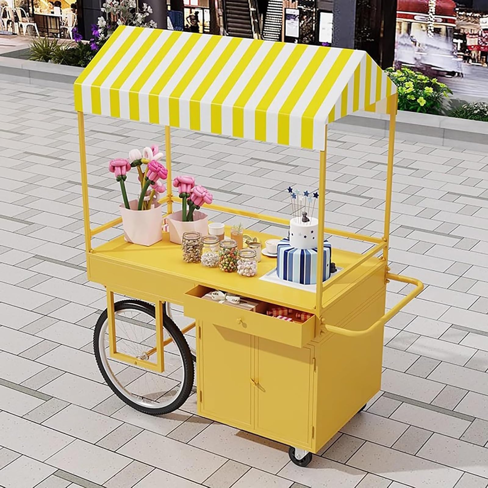 Chariot Mobile pour Vendeur De Street Food avec Auvent et Boîte De Rangement, Chariot de Stand Portable pour Vendeur en Extérieur pour Vente et Présentation(Yellow)