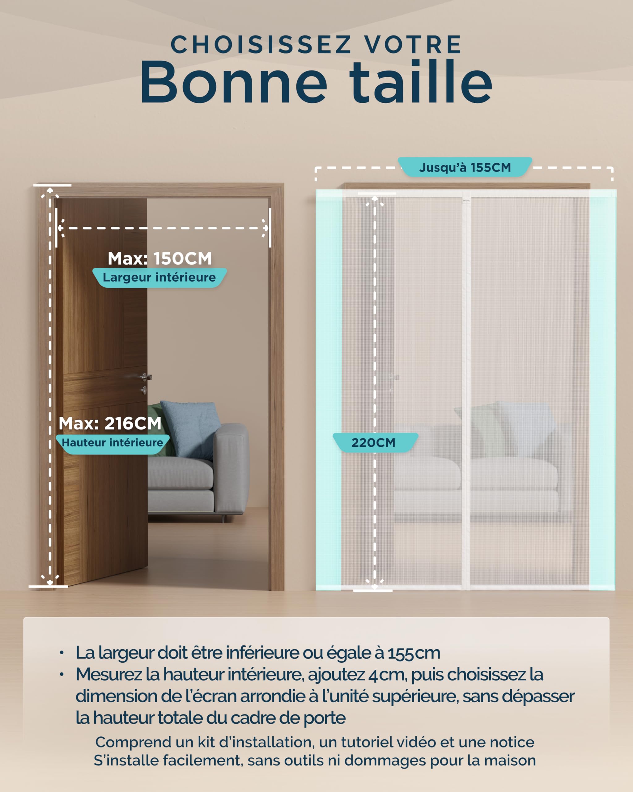 ARCOL Moustiquaire Magnétique pour Portes 155x220 cm Réglable en Largeur – Rideau Moustiquaire Porte Fenêtre avec Bandes Velcro, Moustiquaire Magnétique Porte Fenêtre Raccourcissable (Blanc)