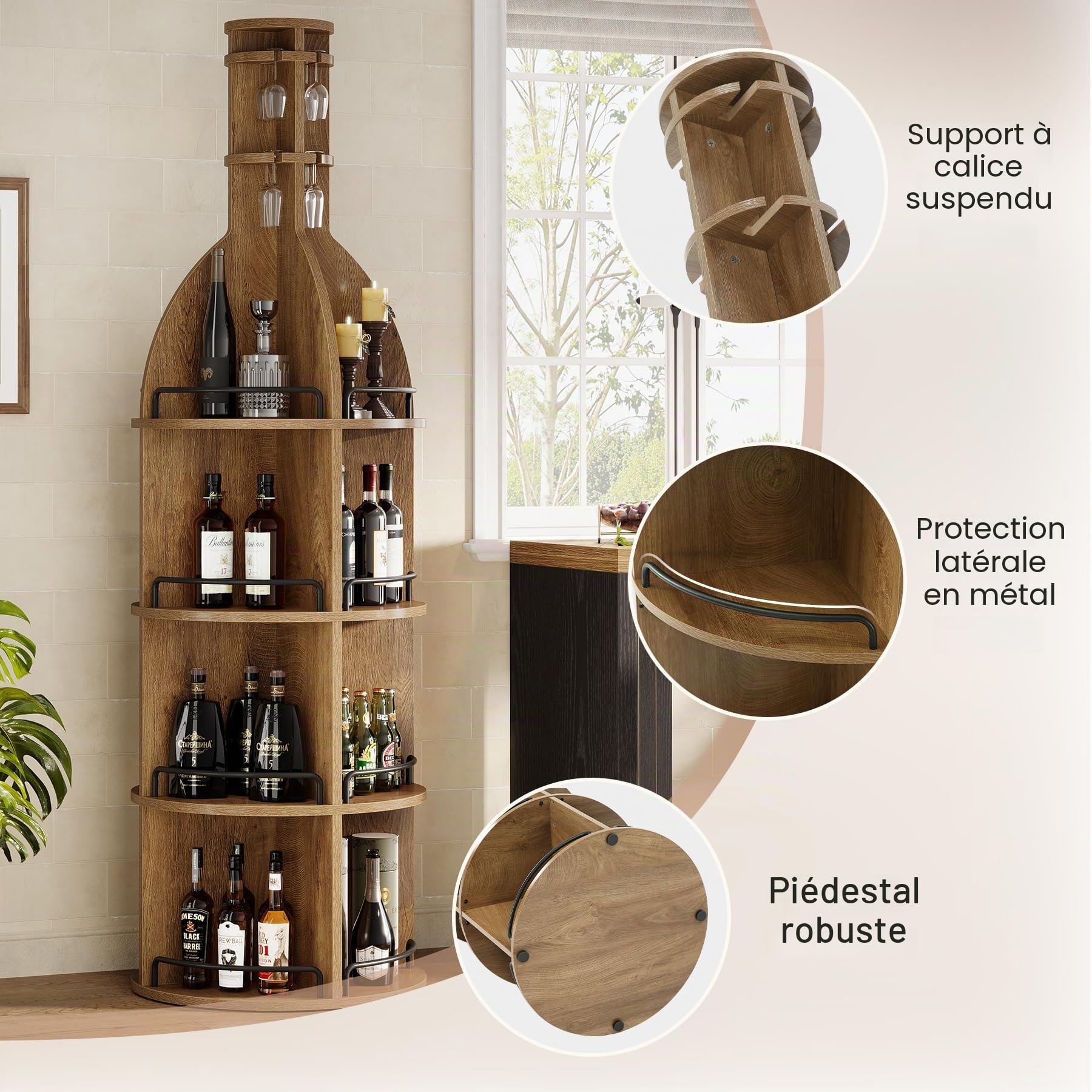 Tribesigns Étagère à Vin avec Tablettes de Rangement, 190 cm Casier à Vin Industriel Rond avec Porte-verres Suspendu, Présentoir à Bouteilles Autoportant pour Salon, Cave, Marron (Sans Éclairage, 1PC)