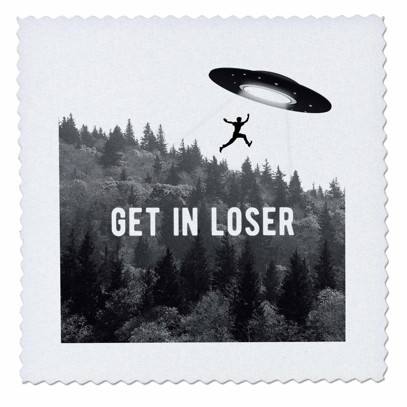 8x8 inch Quilt Square - Get in Loser. Black and White Photo of Tree line with UFO Taking boy. Stamp City - Typography