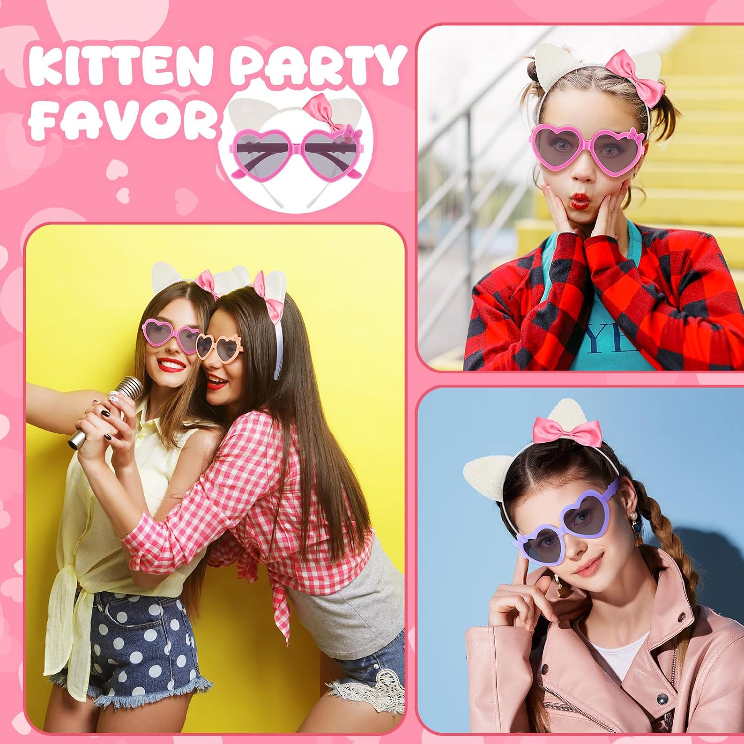 24 Pcs Cat Ears Headband Heart Sunglasses, Cool Style, Multicolor