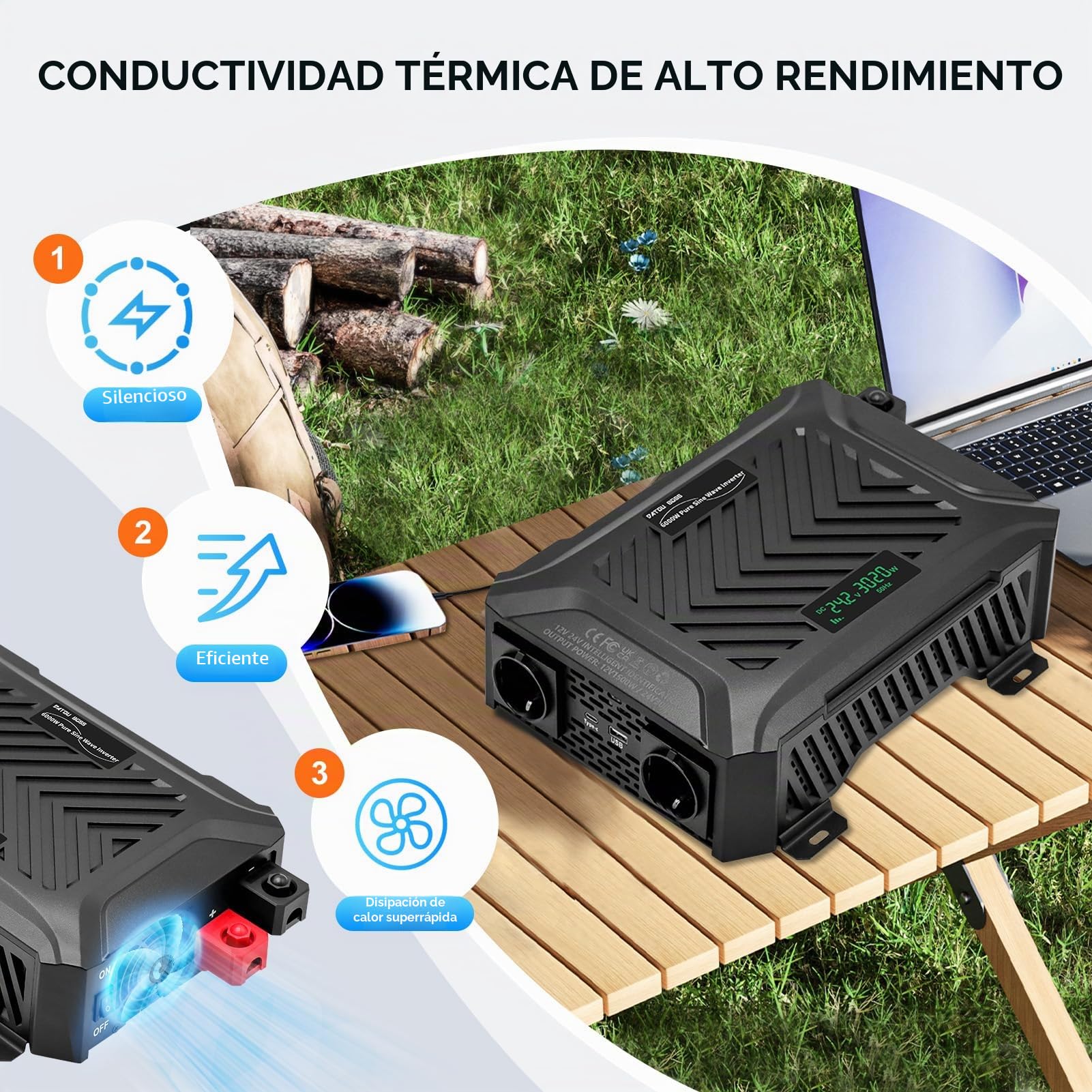 DATOUBOSS Inversor 24V 220V/230V Onda Pura 3000W/6000W, Convertidor 24V 220V 3000W con Pantalla LCD, 2 Tomas AC, 1 USB-A y 1 USB-C, para Autocaravana, Camión, Transformador Fuera de Red