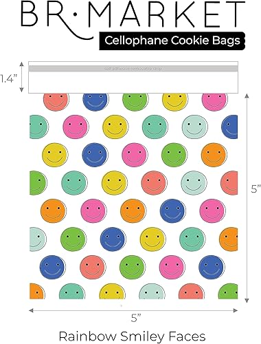 Miniatura 2 de BR Market - Bolsas de dulces para galletas, celofán, caras sonrientes de arcoíris, plástico autoadhesivo, 100 unidades de 5 x 5 pulgadas, recuerdos