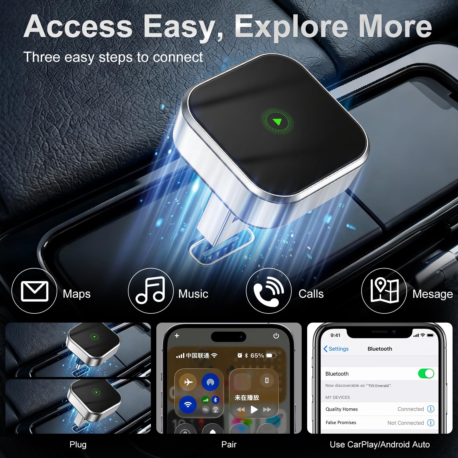WingFly Wireless CarPlay Adapter mit GPS und Navigationsunterstützung, Kabelloses CarPlay für Fahrzeuge ab 2016, 5GHz WiFi, Bluetooth 5.0 Auto-Connect, Niedrige Latenz, OTA-Updates