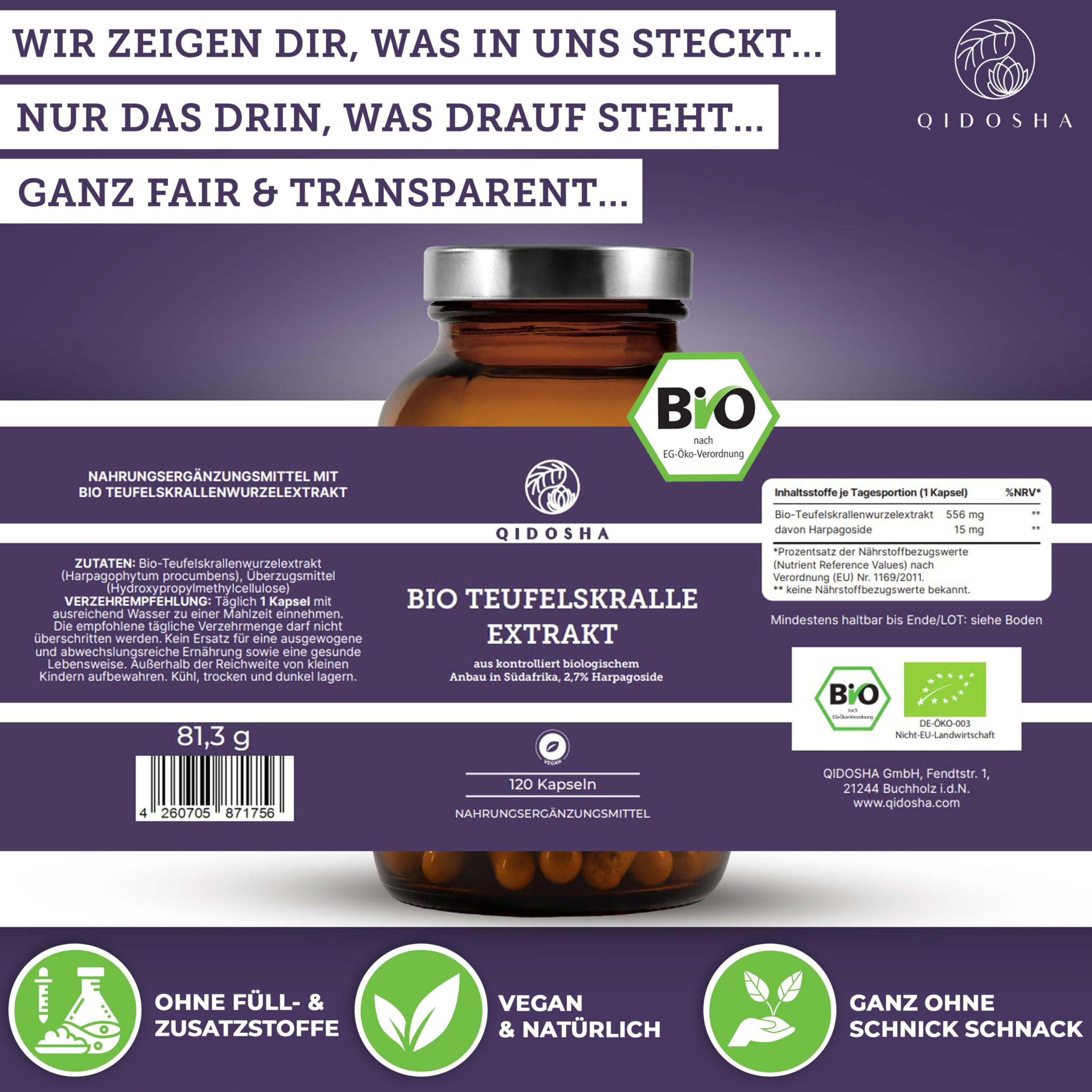 QIDOSHA® Bio Teufelskralle Extrakt Kapseln, 120 Kapseln im Apothekerglas, Rohmaterial in Bio-Qualität aus Südafrika, deutsche Fertigung, jede Charge laborgeprüft
