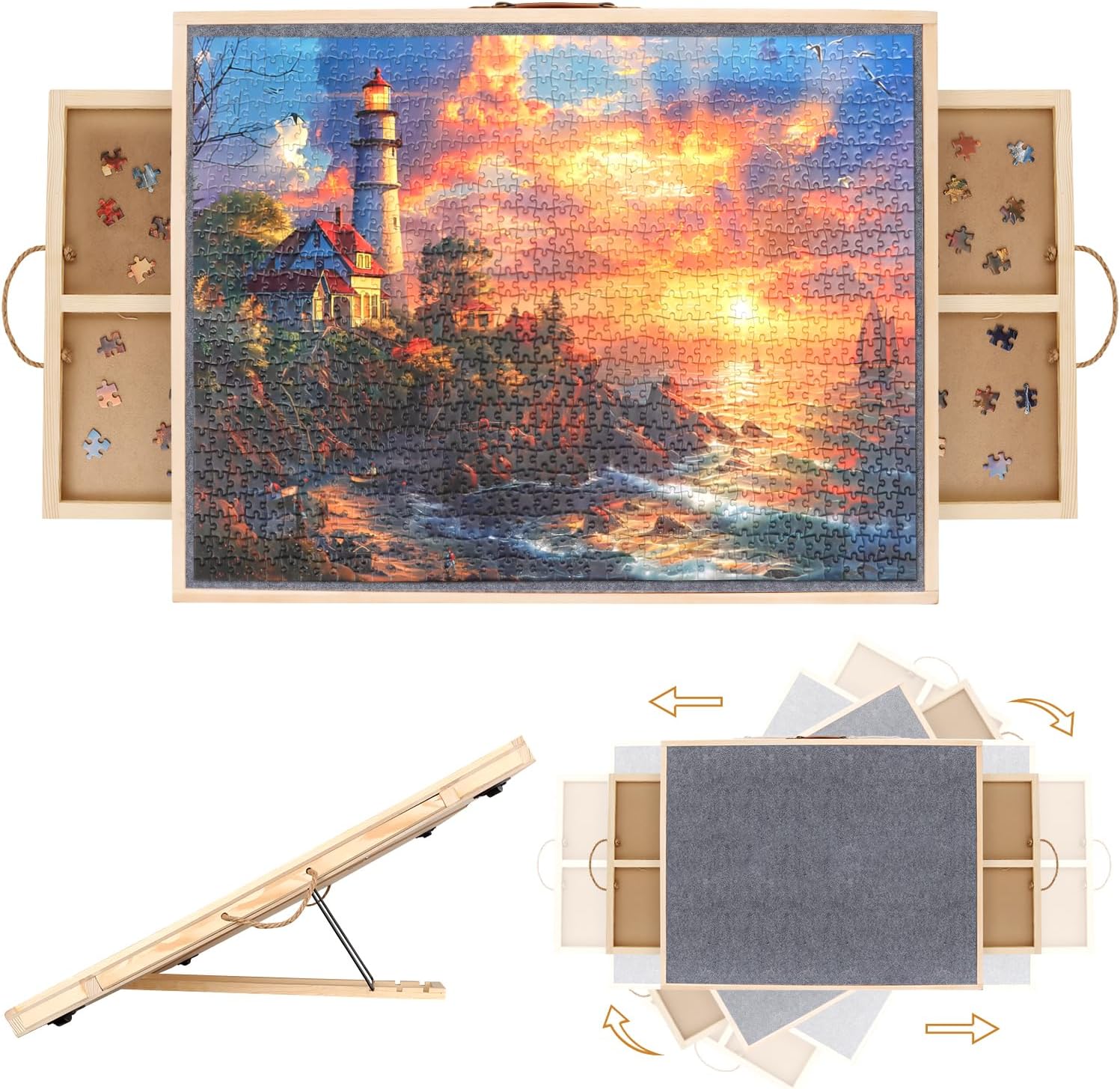 Puzzle Board with Drawers, 1500 Piece Jigsaw Puzzle Board, 2 in 1 Rotating Tilting Puzzle Board, Portable Puzzle Board with Cover, 4 Rotating Wheels, Puzzle Table for Puzzle Lovers, 35 X 27 Inch