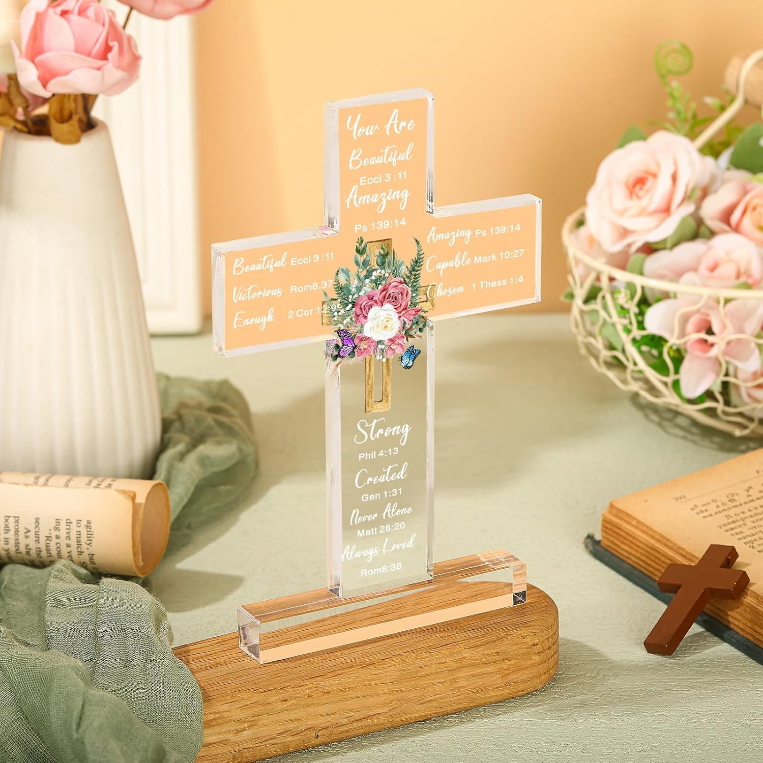 Chunful Christian Religious Gift for Women Acrylic Decorative Cross Standing Decor Jesus Catholic Bible Scripture Inspiration Gifts Cross for Mother Day Women Men Friends Coworker(Delicate Style)
