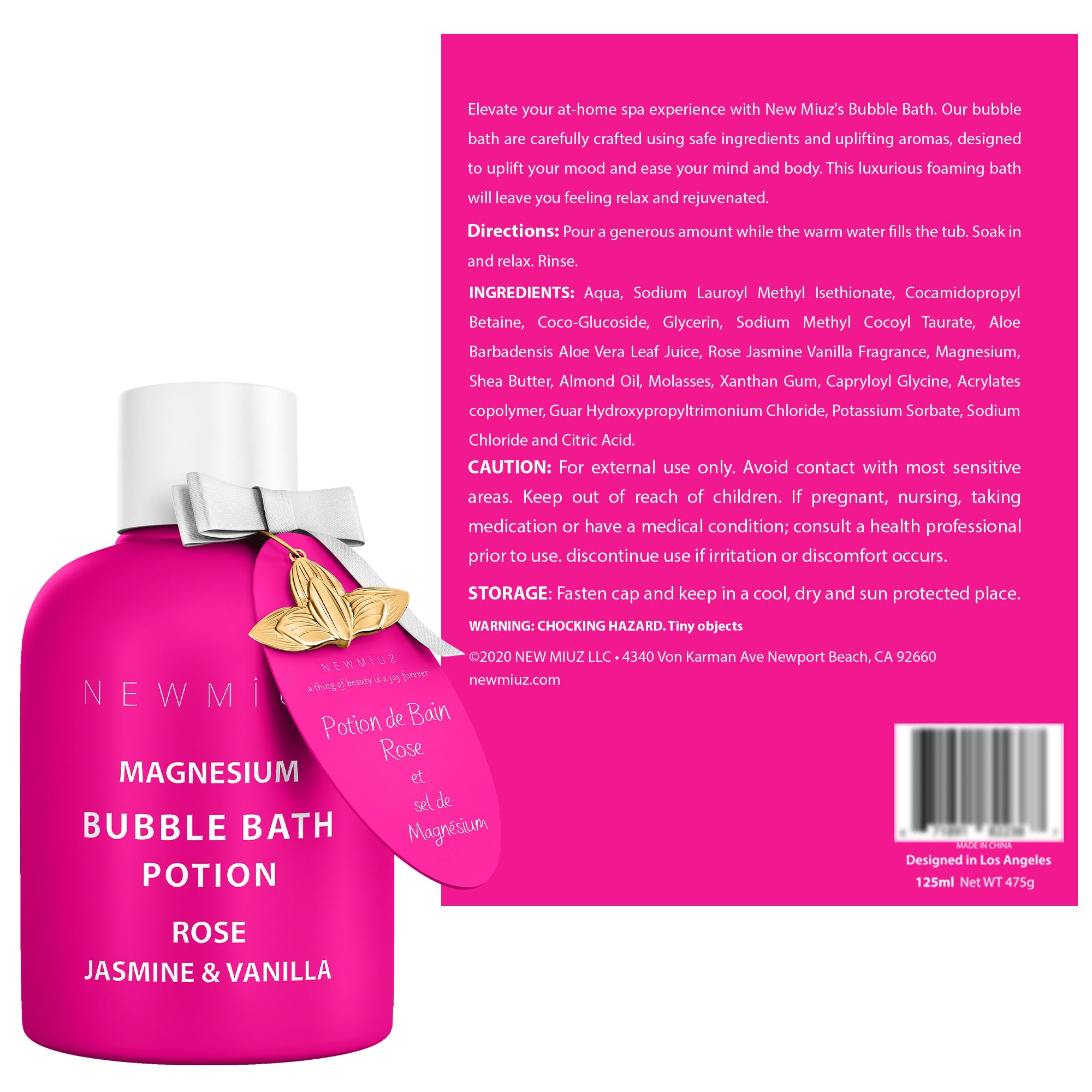 Magnesium Bubble Bath Rose Jasmine Vanilla Long Lasting Foam for Sore Muscles Epsom Salt Moisturizing Relaxing Stress Relief Spa Gift for Women