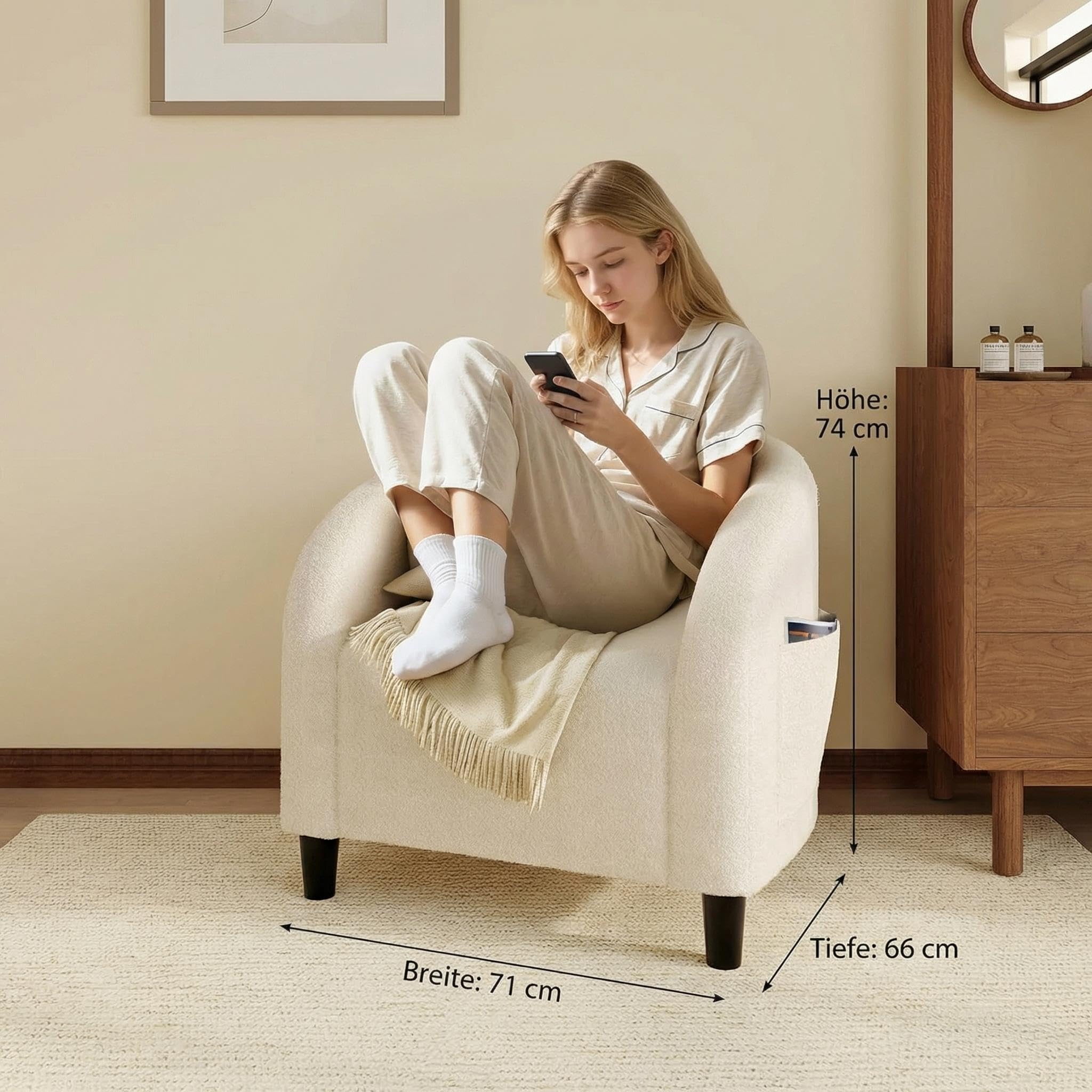 Garvee Sessel Weiß, Moderner Loungesessel Im Teddy-Look, Bouclé 28 x 26 x 29 Zoll Einzelsessel mit Armlehnen, Bequemer Lesesessel für Wohnzimmer & Schlafzimmer