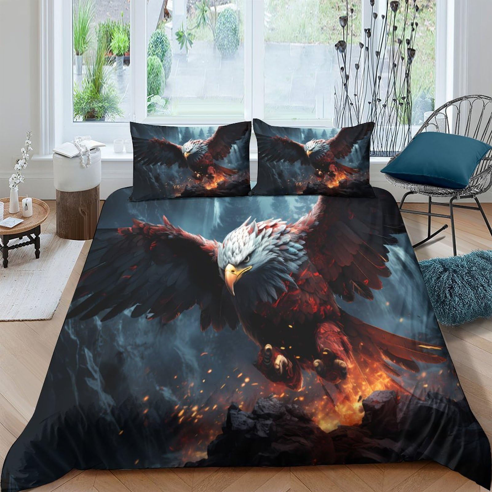 Ctjqhvkz Style-7 3D Printed Fire Eagle Fitted Sheet Microfiber Soft Anti-Slip Mattress Cover For Bedroom Dorm Decor Black Red Single（135X200cm）