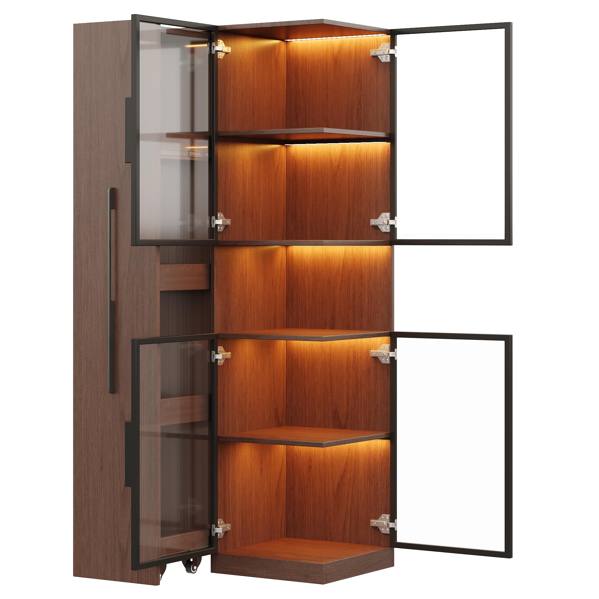 Armario de vitrina de 70 x 38 x 160 cm con estante extraíble, doble cristal, armario de madera MDF de nogal, almacenamiento, armario alto multifuncional para salón, comedor, cocina, color