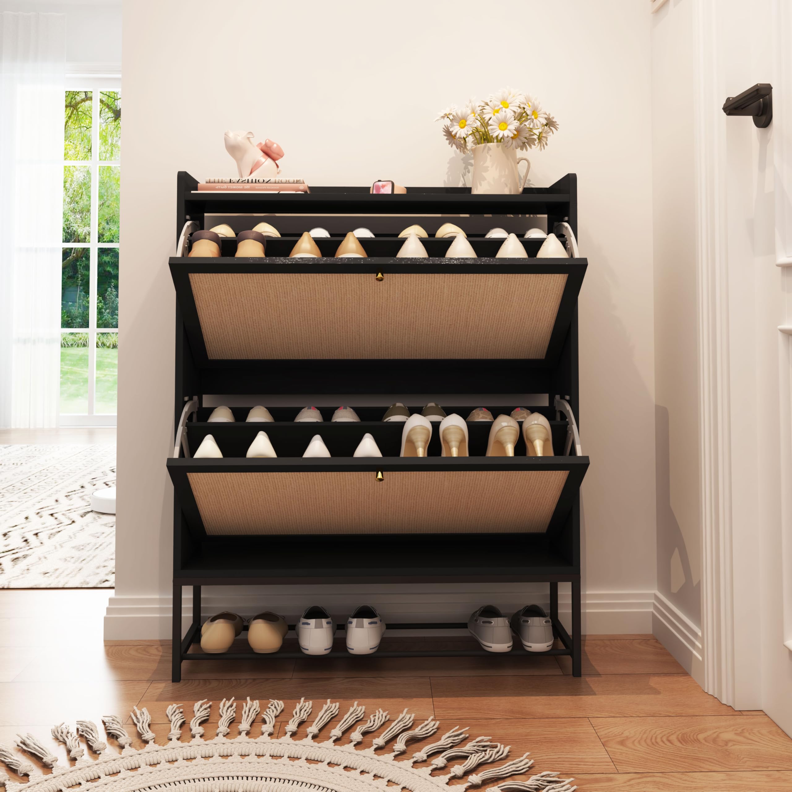 AVZEAR Narrow Shoe Storage Cabinet for Entryway with 2 Flip Drawers, Freestanding Shoe Cabinet with Natural Linen Panel, Slim Wood Shoe Organizer Closed Shoe Rack for Hallway, Foyer(Black)