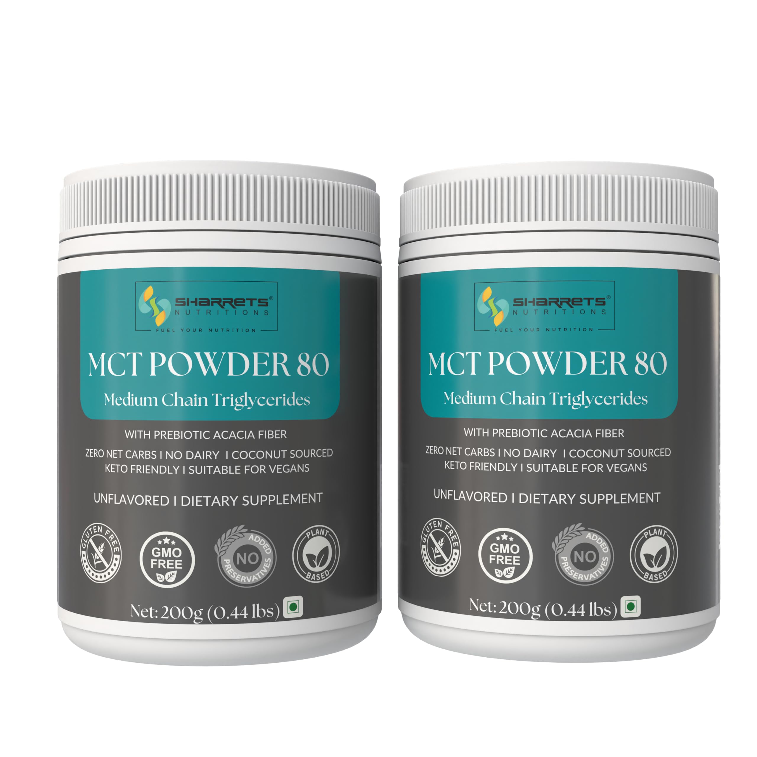 Sharrets MCT Powder 80 (200G x 2) – Medium Chain Triglycerides with Prebiotic Acacia Fiber | Keto & Vegan Friendly, Zero Net Carbs, Coconut Sourced