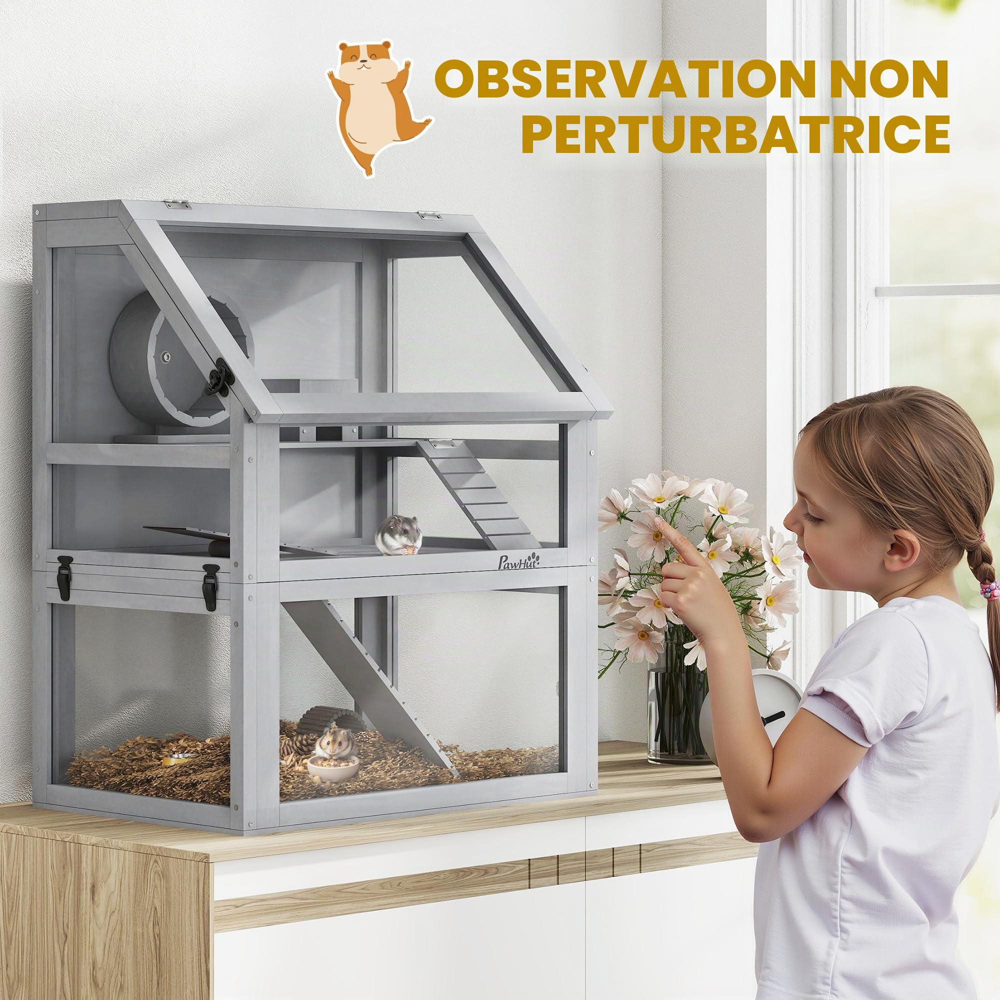 PawHut Cage à Hamster en Bois 3 étages Gris Clair | Cage pour gerbilles, fond amovible de 32cm de profondeur, maison, balançoire, roue d'exercice, rampes