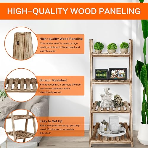 Miniatura 5 de ECOMEX Estante de escalera - Organizador de almacenamiento con estantes de madera rústica de 4 niveles, elegante y funcional soporte para plantas de