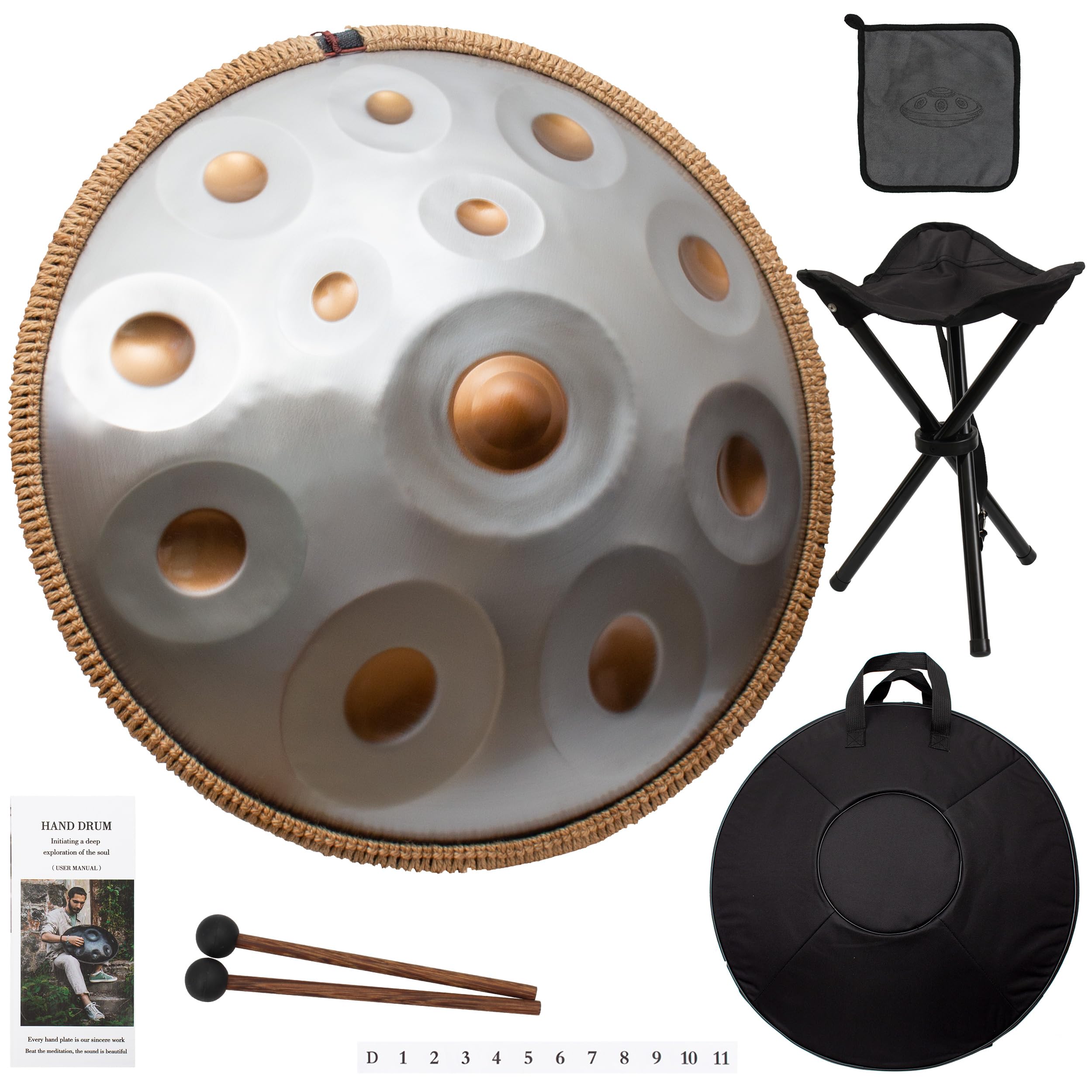 Handpan, Steel Drum, Hand Pan, Tamburo in Acciaio, Argento Opaco | 440HZ 14 Note D Minore 22 Pollici 56cm Handpan Drum per Meditazione e Yoga, Tamburo a Mano con Borsa e Supporto