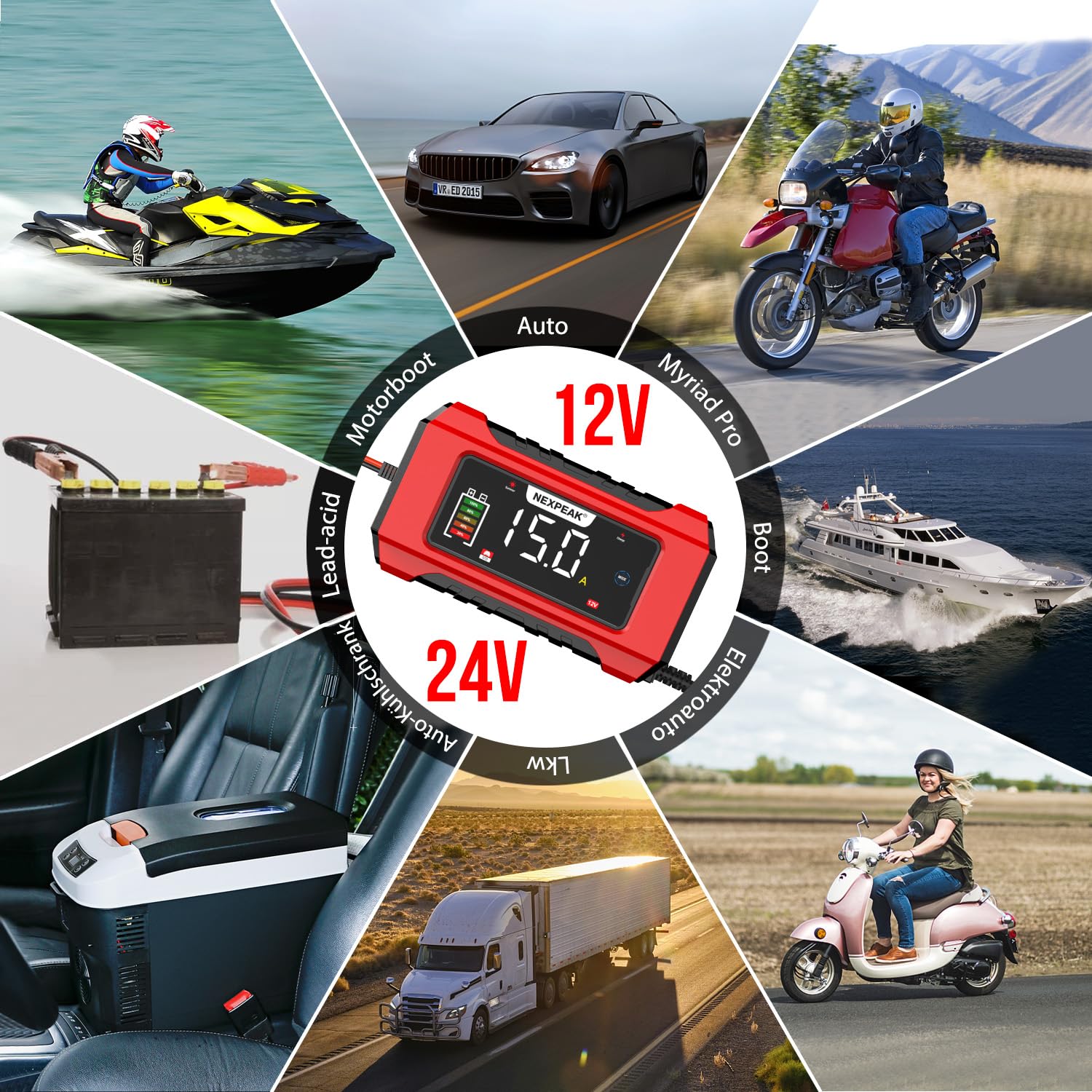 NEXPEAK NC215 15A Autobatterie Ladegerät, 12V 24V LiFePO4 Blei-Säure Tragbares Autobatterieladegerät 9-stufiges Intelligentes Batterieladegerät für Auto, LKW, Motorrad, Rasenmäher, Boot, Marine