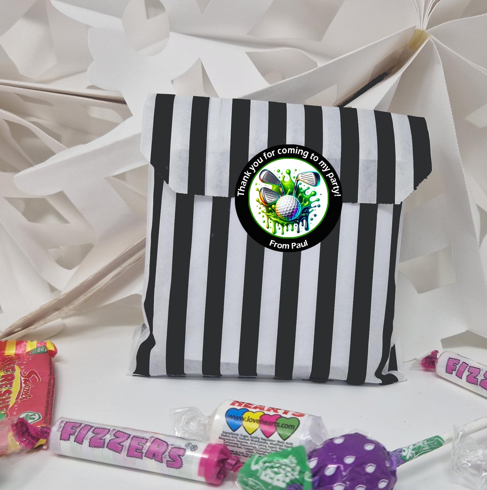 Personalised Golf Party Stickers – 45mm Round Labels for Party Bags, Favours or Sweet Cones – Golf Themed Birthday Decoration - 24 Black Golf Stickers with 24 Empty Bags