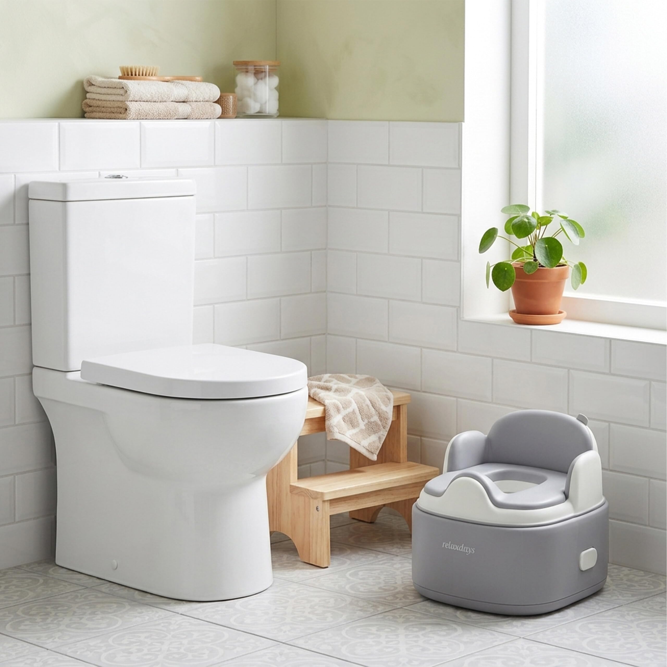 Relaxdays Vasino 4-in-1 con coperchio, grigio | A x L x P: 33,5 x 36,5 x 29 cm, riduttore WC e sgabello, da viaggio