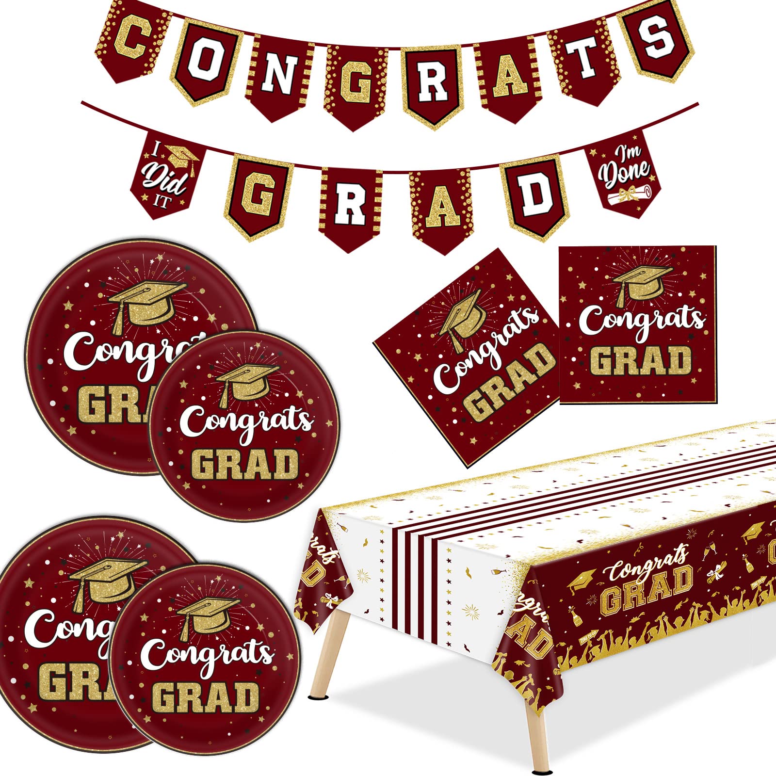 Maroon and Gold Graduation Party Tableware Kit for 24 Guests Class of 2025 Graduates Decorations and Supplies with Congrats Grad Banner, Plates,