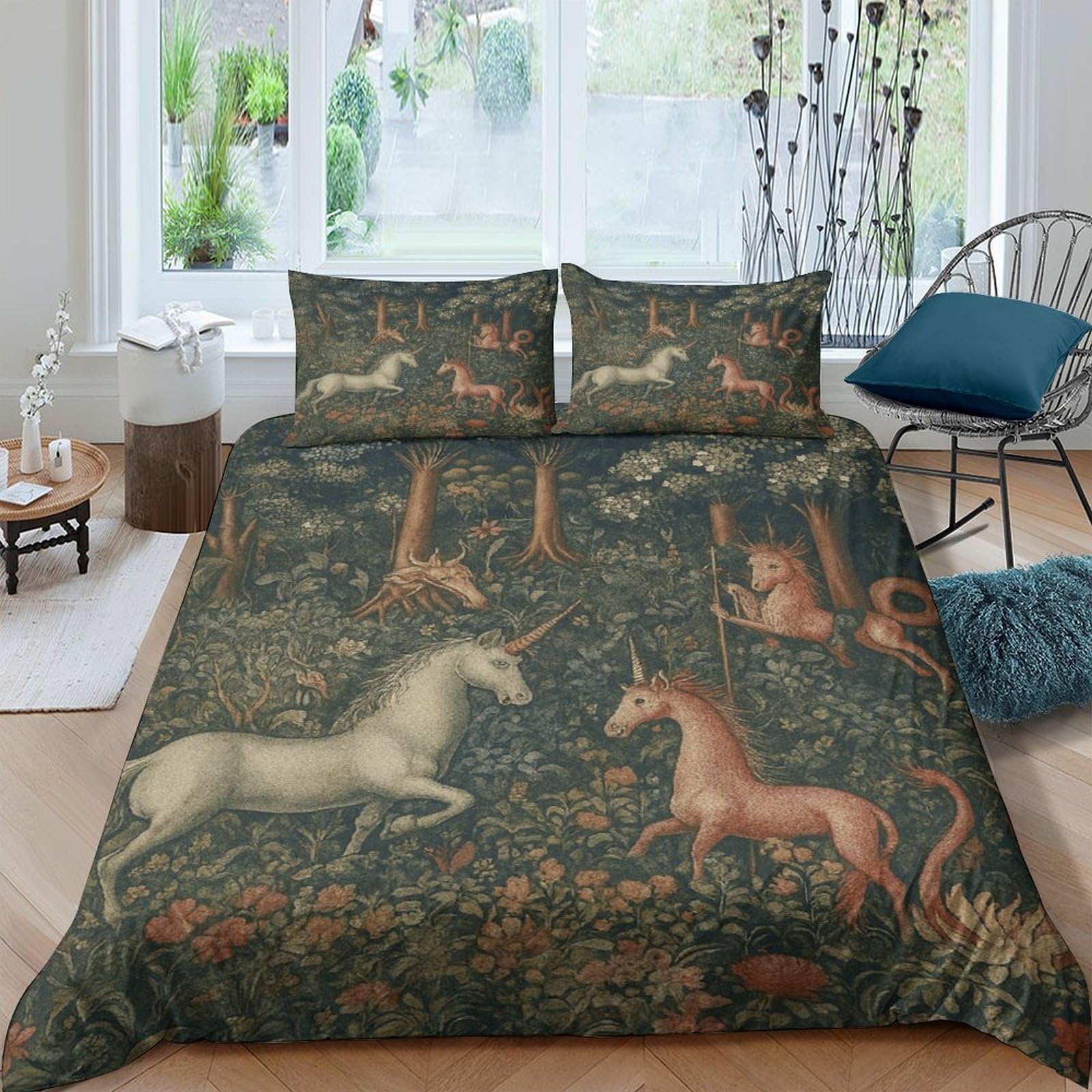 Ctjqhvkz Style-9 3D Printed Medieval Unicorn Forest Fitted Sheet Microfiber Soft Anti-Slip Renaissance Bed Cover For Bedroom Guest Room Decor Single（135X200cm）