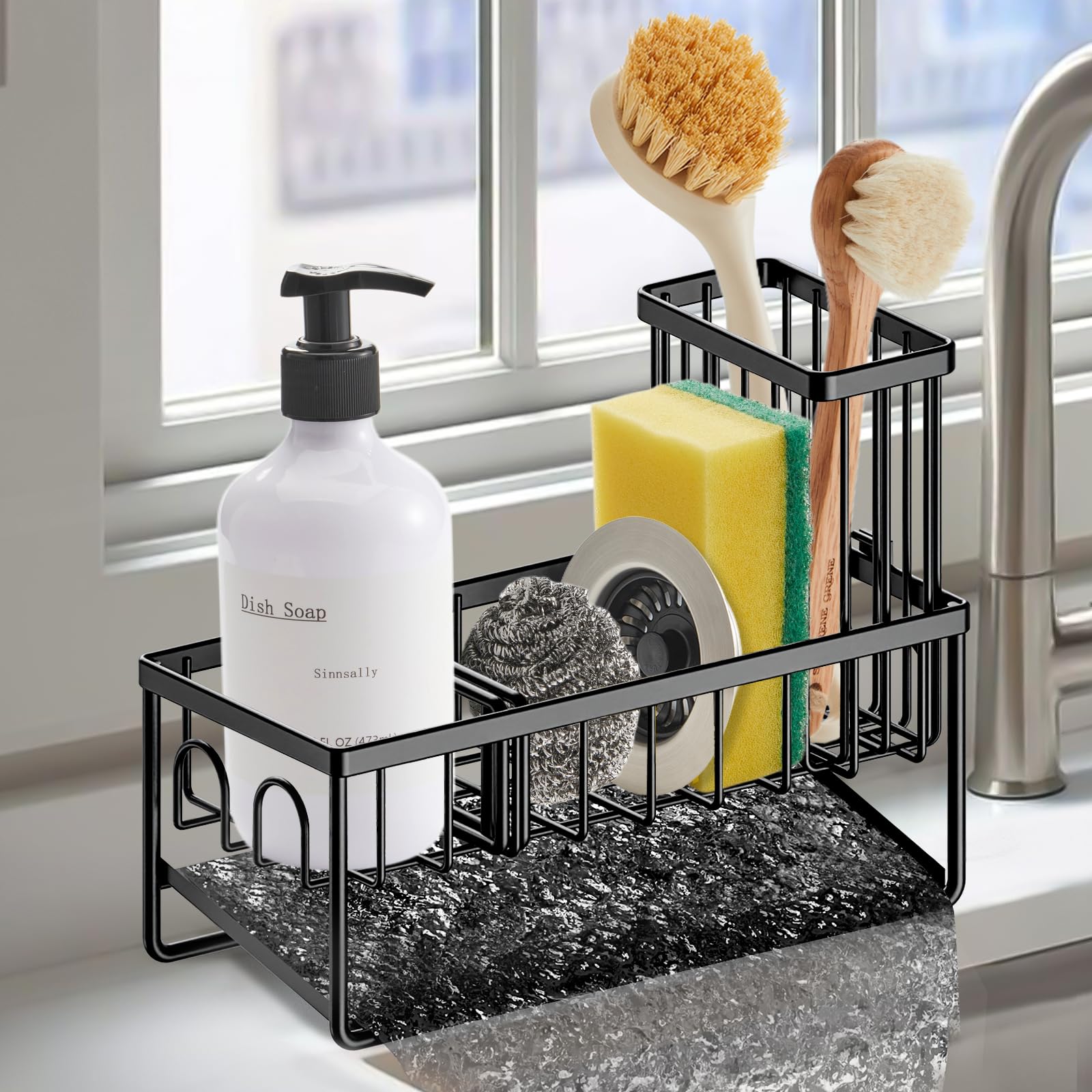 Sinnsally Sponge Holder for Kitchen Sink Organizer Caddy,Dish Brush Scrubber Holder,Stainless Steel Sink Box Holder with Stand,Soap Dispenser Set Tray Counter Accessories & Storage Rack (Black)