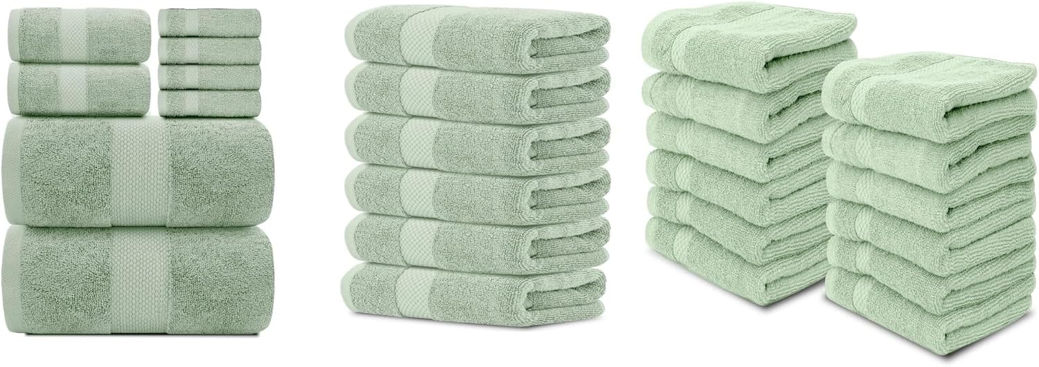 White Classic 8-Piece Light Green Towel Set, 2 Bath Towels, 2 Hand Towels, 4 Washcloths, 6 Hand Towels 16 x 30, 12 Washcloths 13 x 13 | Cotton, Highly Absorbent and Quick Dry for Hotels, Spa
