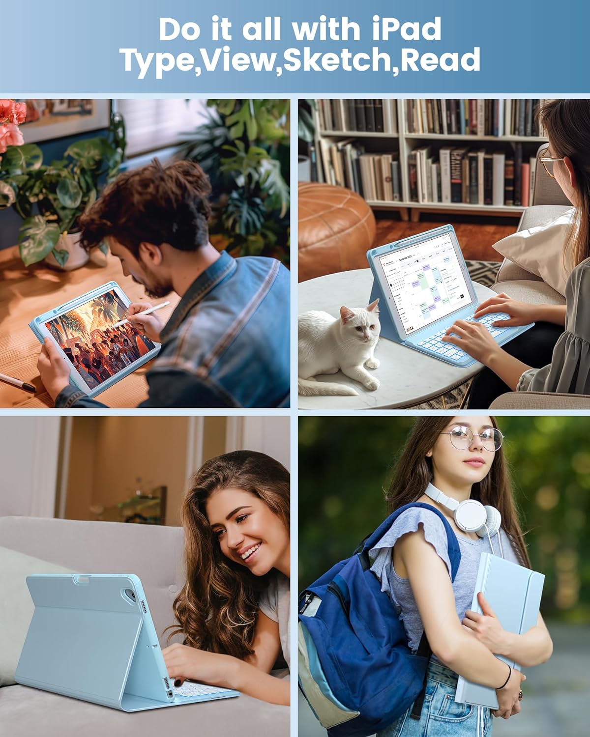 typecase Folio iPad 9th Generation Case with Keyboard 10.2 Inch - Backlit Detachable Slim Cover with Pencil Holder, Compatible with iPad 8th/7th Gen, Pro 10.5, Air 3rd Gen (Sky Blue)