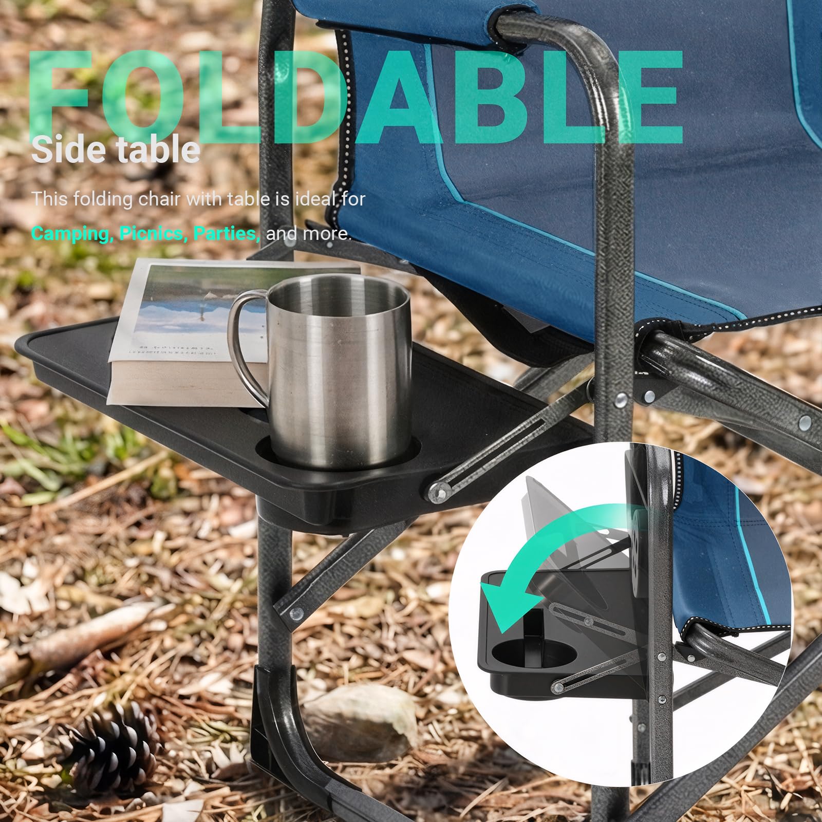 OVERMONT Sedia da Regista XL Pieghevole - Sedia da Campeggio con Tavolino Laterale Termica- Capacità di Carico Fino a 180 KG - per Campeggio Festival Della Pesca All'aperto Grigio-blu