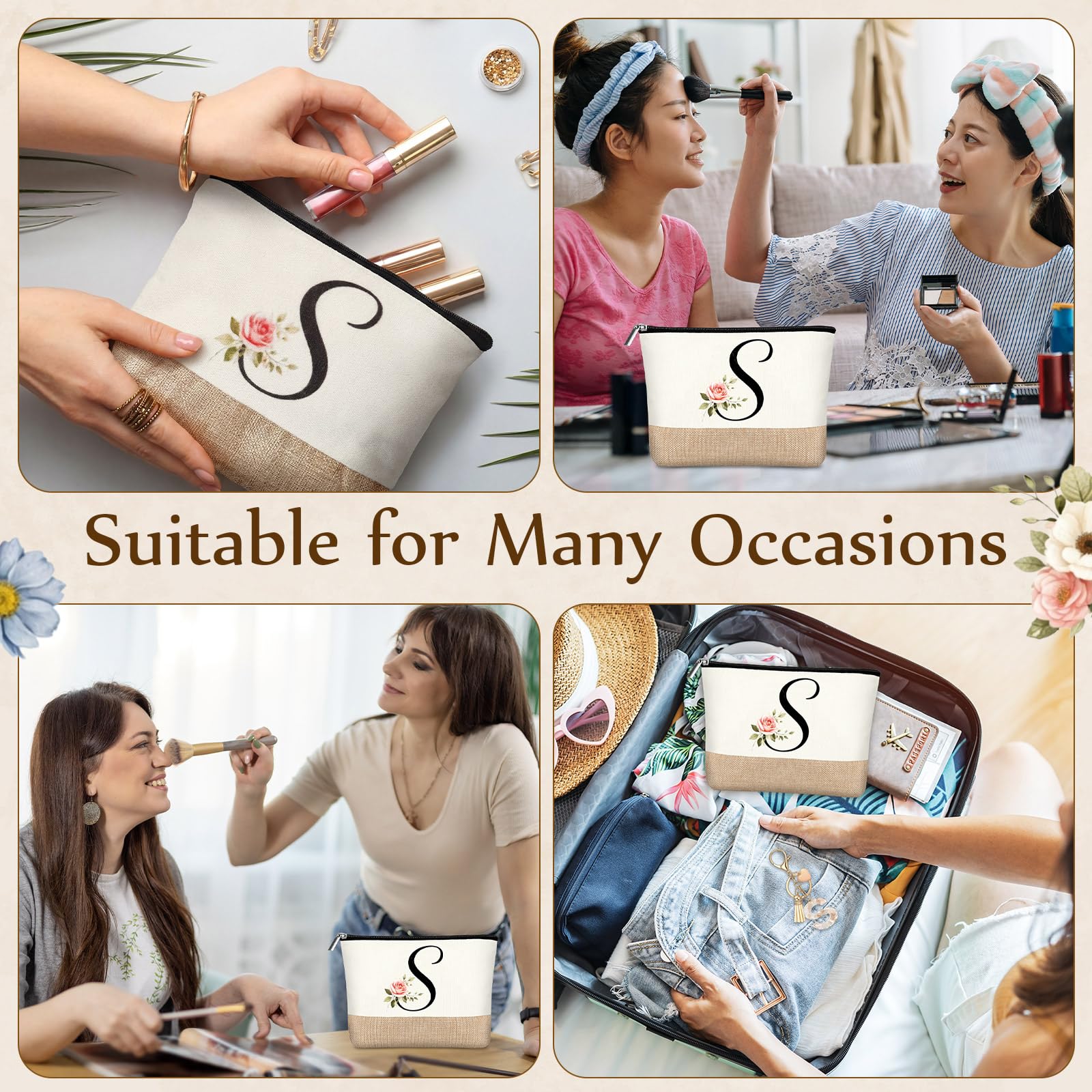Hestya Trousse per Trucco con Lettera Iniziale Personalizzata Beauty Сase da Viaggio in Iuta con Portachiavi per Donna Matrimonio Compleanno Spiaggia Sorella Mamma Insegnanti Infermiere(S)