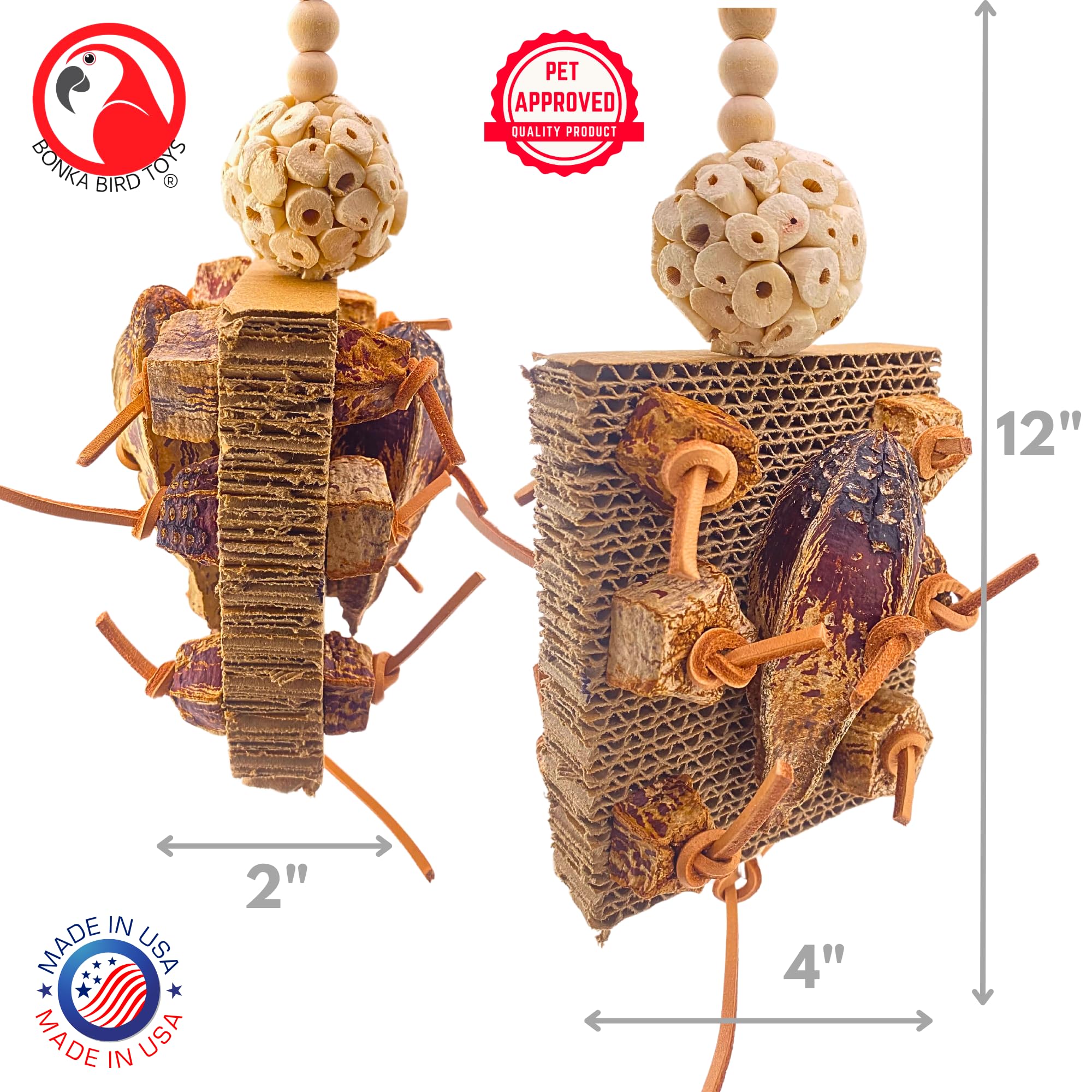 Bonka Bird Toys 1427 Mahogany Forage Block - 12" x 4" x 2" Durable Foraging & Chew Toy for Small to Medium Birds, Includes Sola Ball, Wooden Beads, Soft Leather Strands, Mahogany Chunks & Pods - image 3