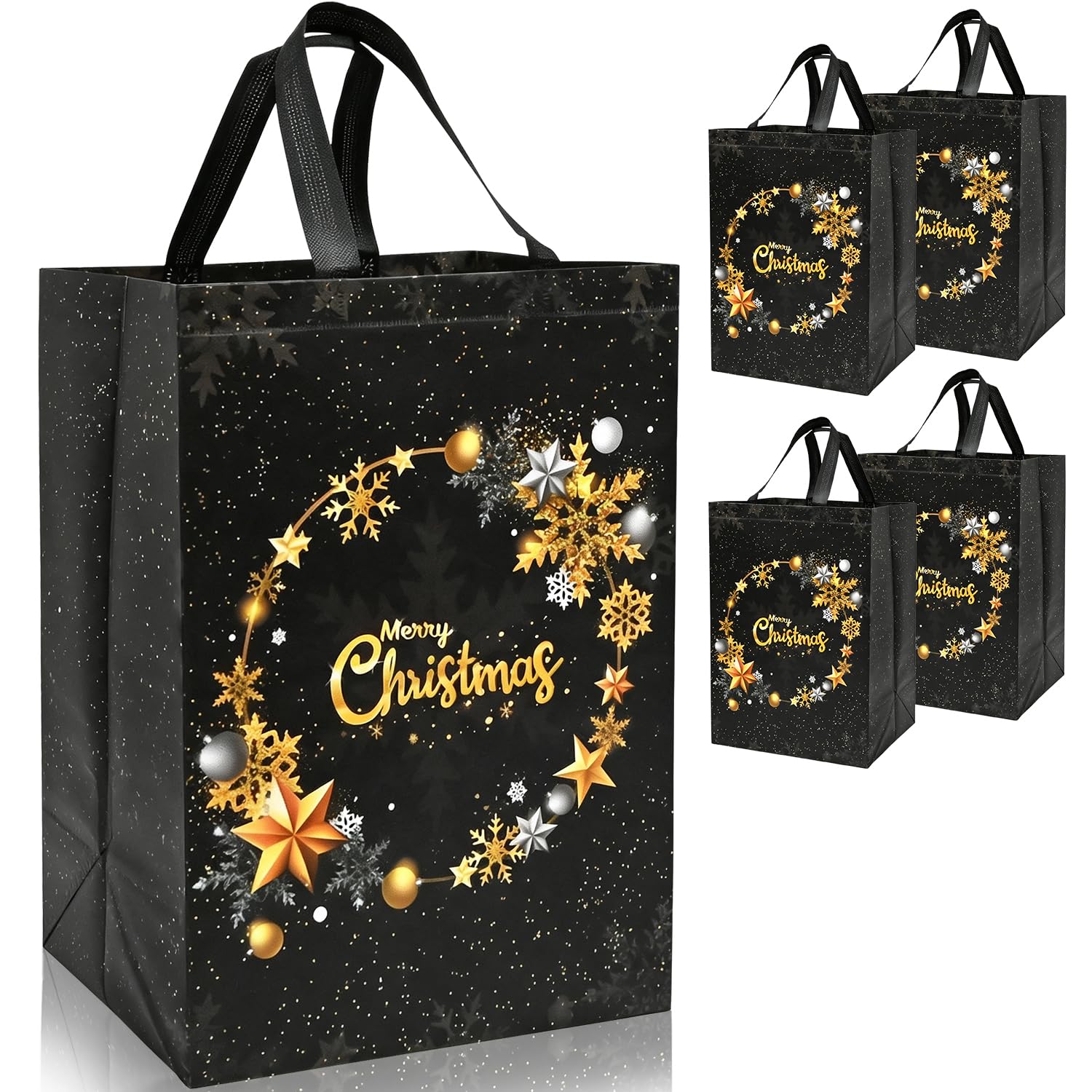 4pcs Large Black Xmas Gift Bag,41×30×18cm Gold Wreath Christmas Tote Bag