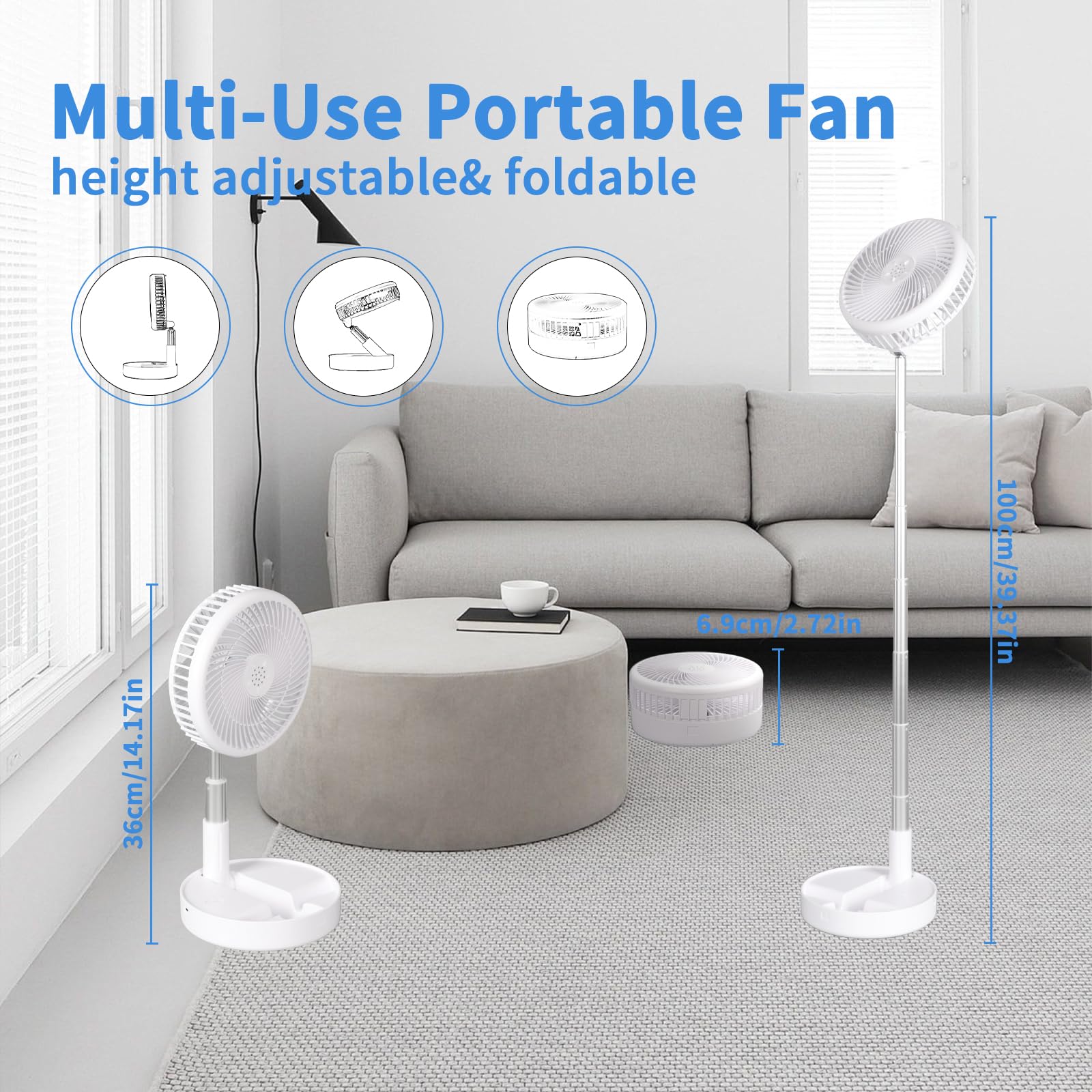 Les-Theresa Ventilatore Pieghevole da Borsa, Mini Ventilatore Portatile, Ventilatore USB Pieghevole, Batteria da7200ma, Ventilatore Portatile USB Ricaricabile per Ufficio, All'Aperto (Bianco)