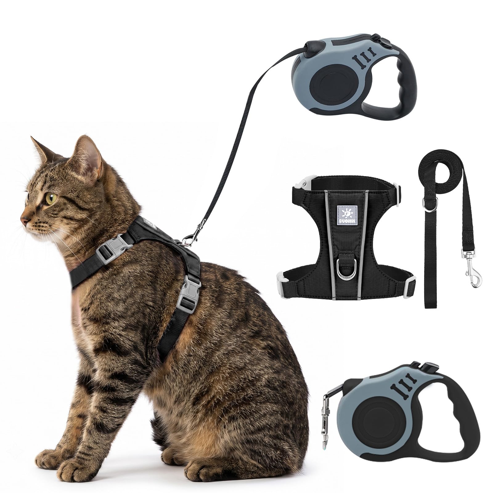 Cat Harness and Lead Set, Escape Proof Lightweight Kitten Harness with Automatic Retractable 5M / 16.4Ft Soft Lead for Garden Walking, Back Reflective No-Choke Vest for Outdoor(Black,S)