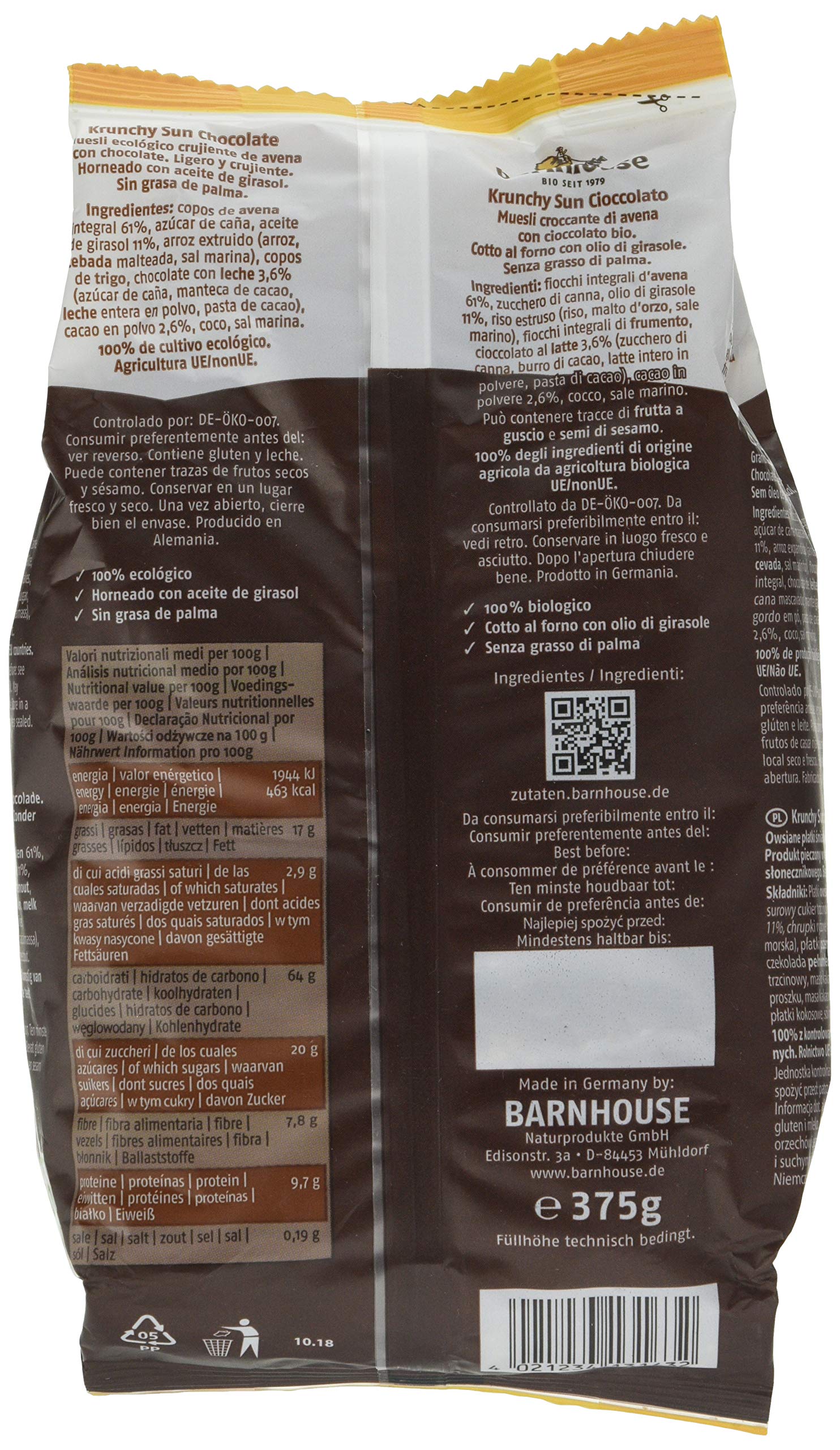Barnhouse Krunchy Sun | Muesli Cereales De Chocolate | Ecológico | Vegetariano, 375 Gramo