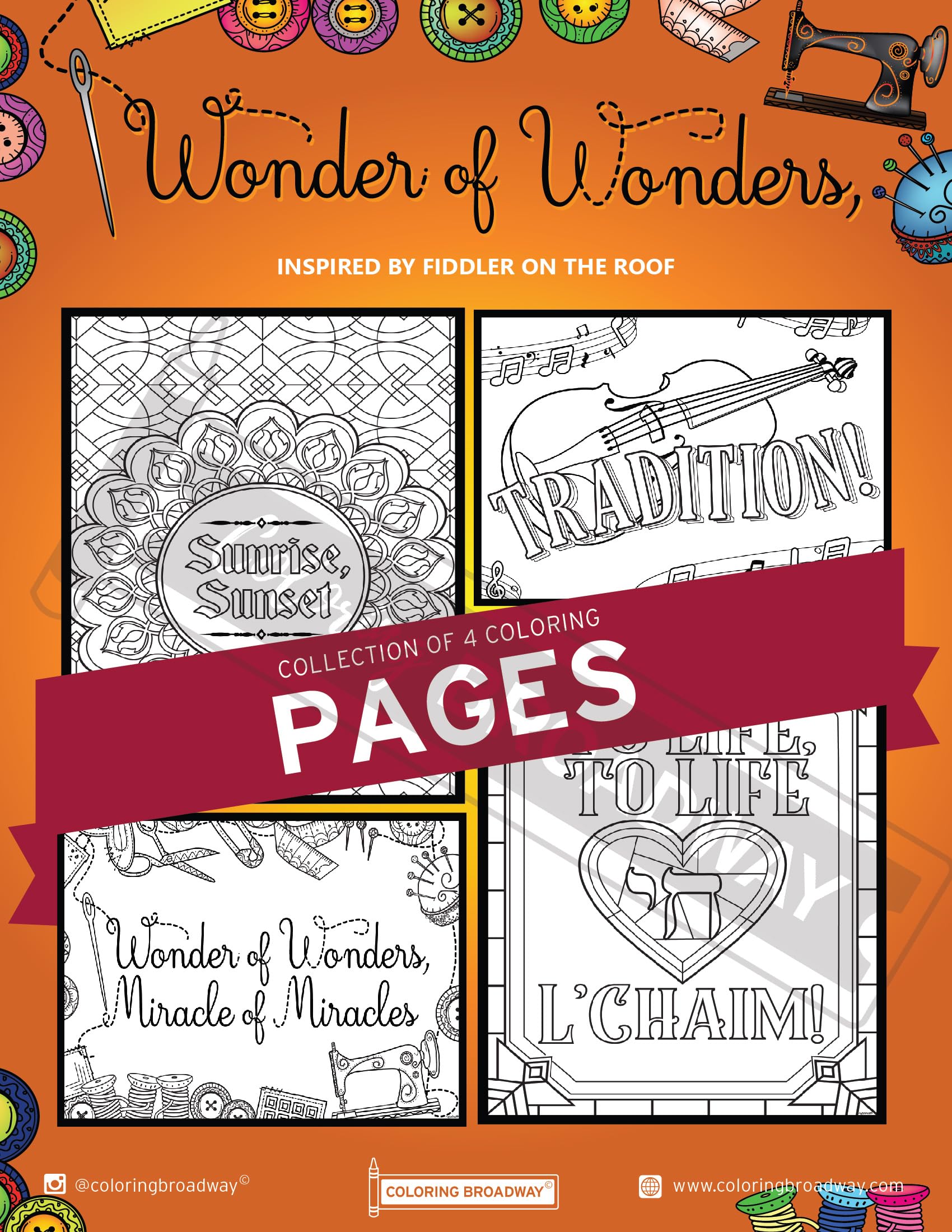 The Coloring Project Broadway - Fiddler on Roof Inspired Pages (Set of 4), Wonder or Wonders Musical Merchandise, Printed on Matte Card Stock (8 1/2” x 11”), Ideal Gift for a Broadway ater Lover