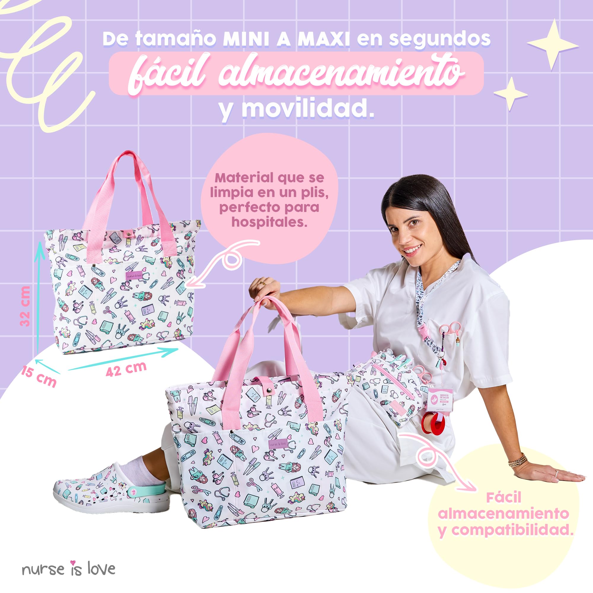 Nurse is Love Bolso Mujer Grande con Asas para Enfermera - Bolsos Tote Bag Multiples Bolsillos Para una | Organizador, Guarda Tijeras Enfermeria, Regalos, Tcae Accesorios