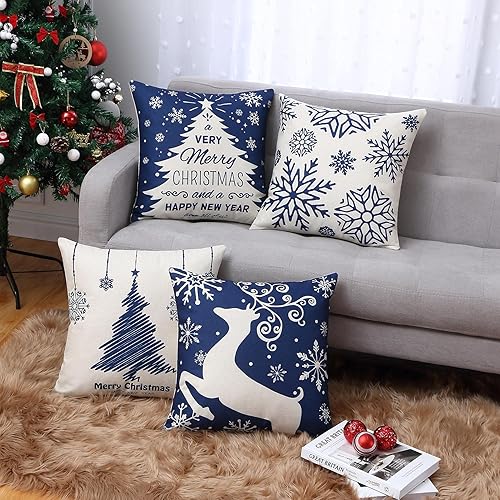 Miniatura 2 de CAROMIO Juego de 4 fundas de almohada decorativas de Navidad de 18 x 18 pulgadas, decoración navideña de granja para el hogar, diseño de copos de